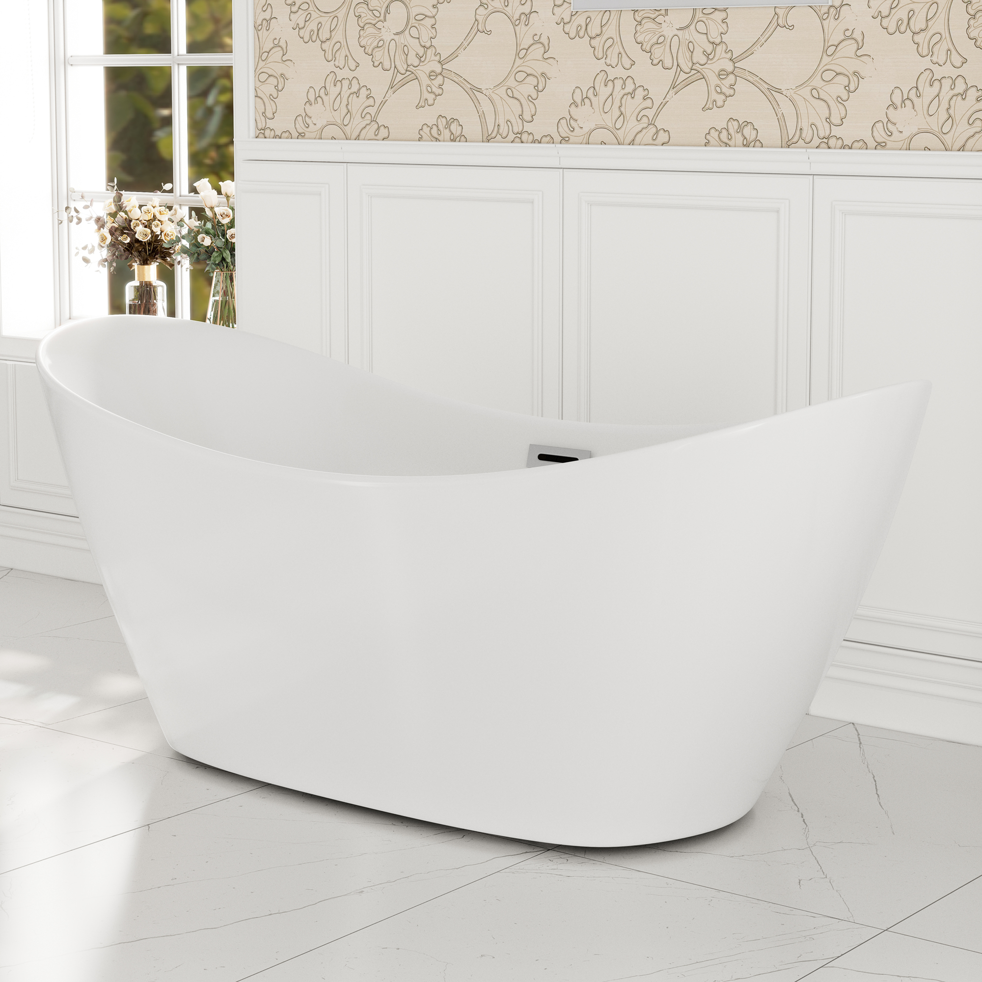 67" Acrylic Freestanding Twin Slipper Bathtub with Overflow and Pop-up Drain