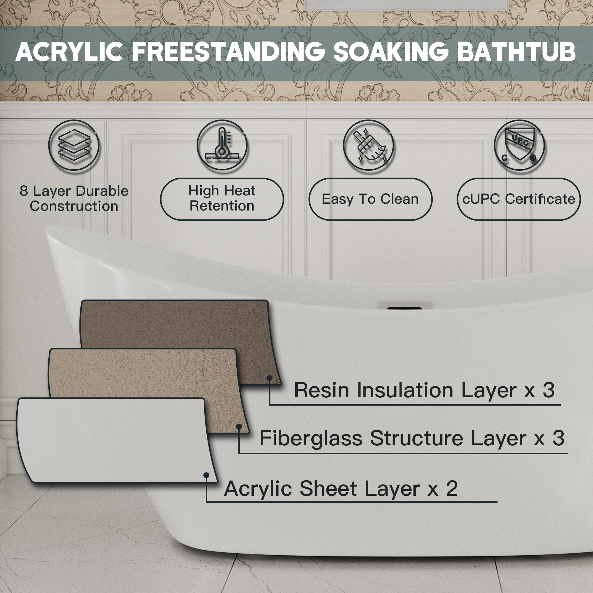 67" Acrylic Freestanding Twin Slipper Bathtub with Overflow and Pop-up Drain