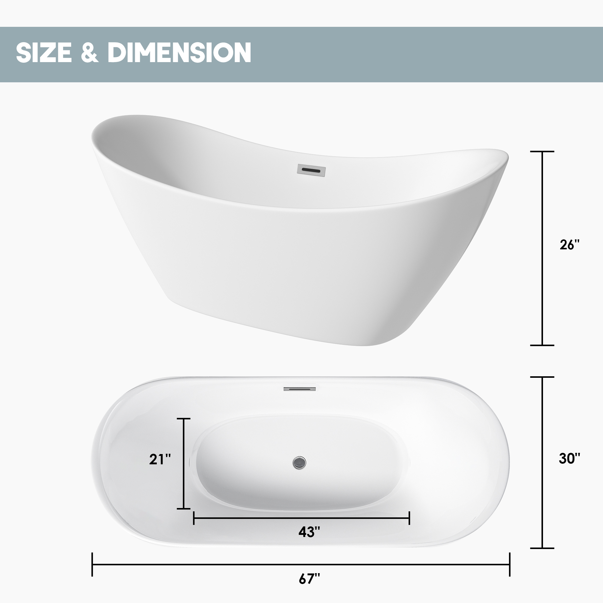 67" Acrylic Freestanding Twin Slipper Bathtub with Overflow and Pop-up Drain