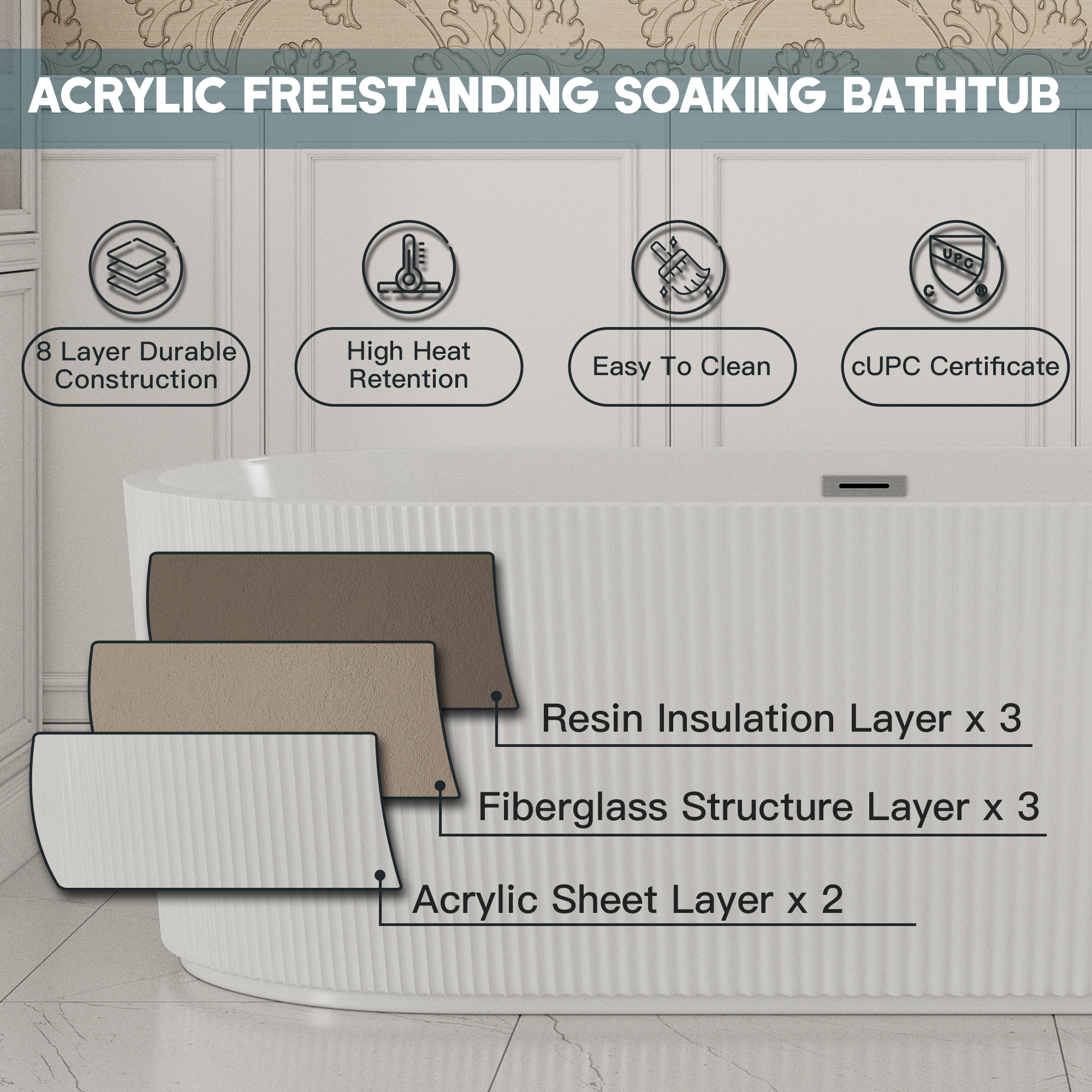 59"/67" Acrylic Freestanding Bathtub with Unique Pleated Design