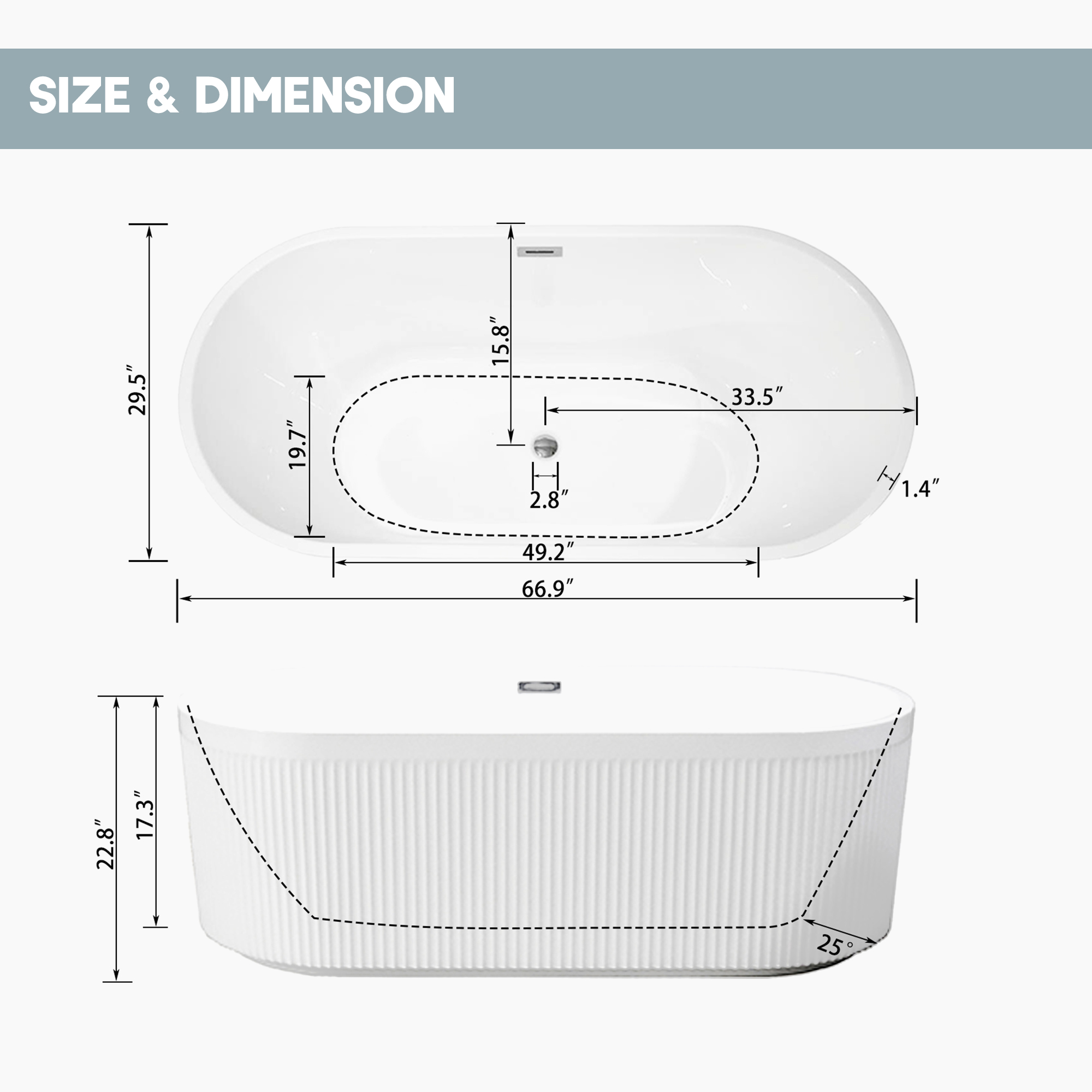 59"/67" Acrylic Freestanding Bathtub with Unique Pleated Design