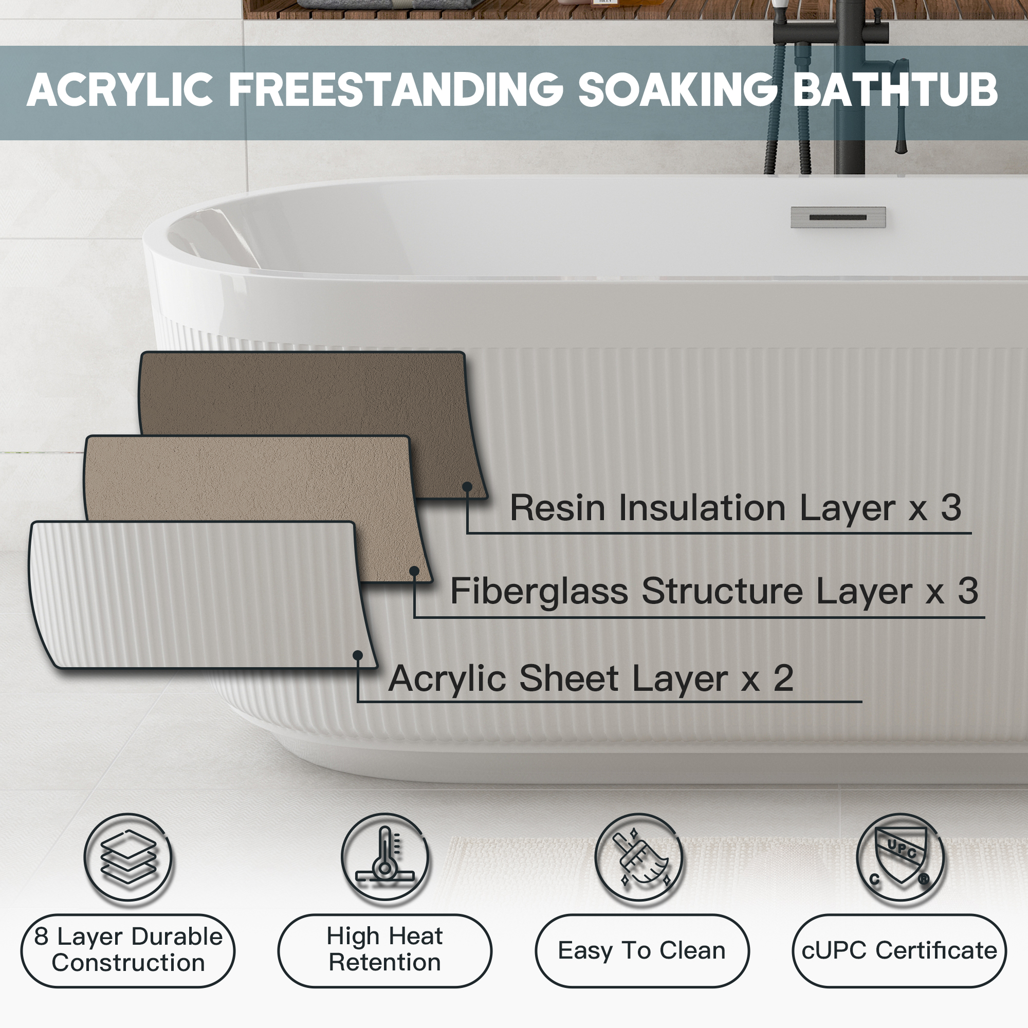 59"/67" Acrylic Freestanding Bathtub with Unique Pleated Design