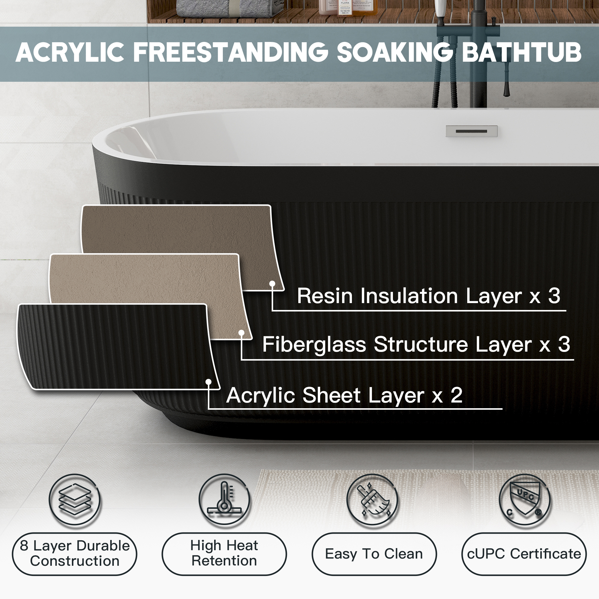 59"/67" Acrylic Freestanding Bathtub with Unique Pleated Design