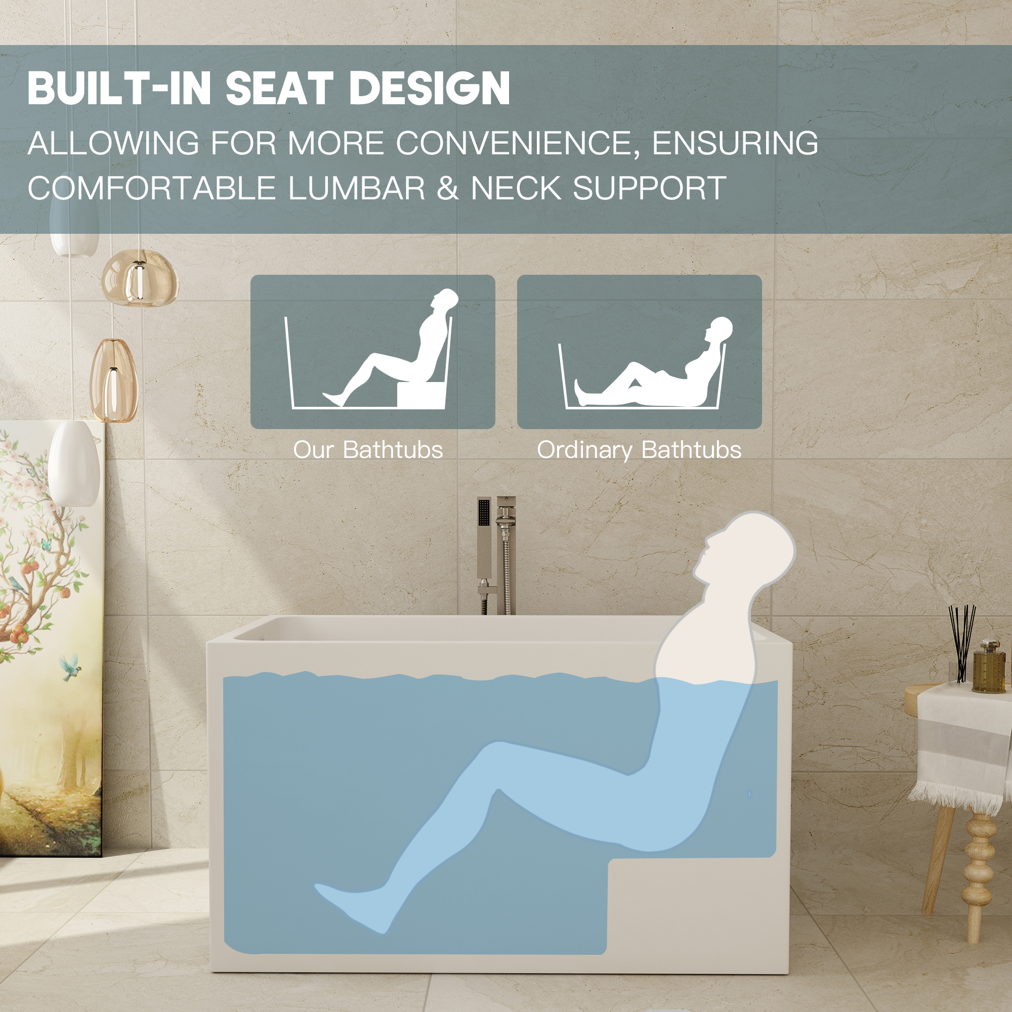 43" Gloss White Rectangule Acrylic Freestanding Bathtub with&without Built-in Seat