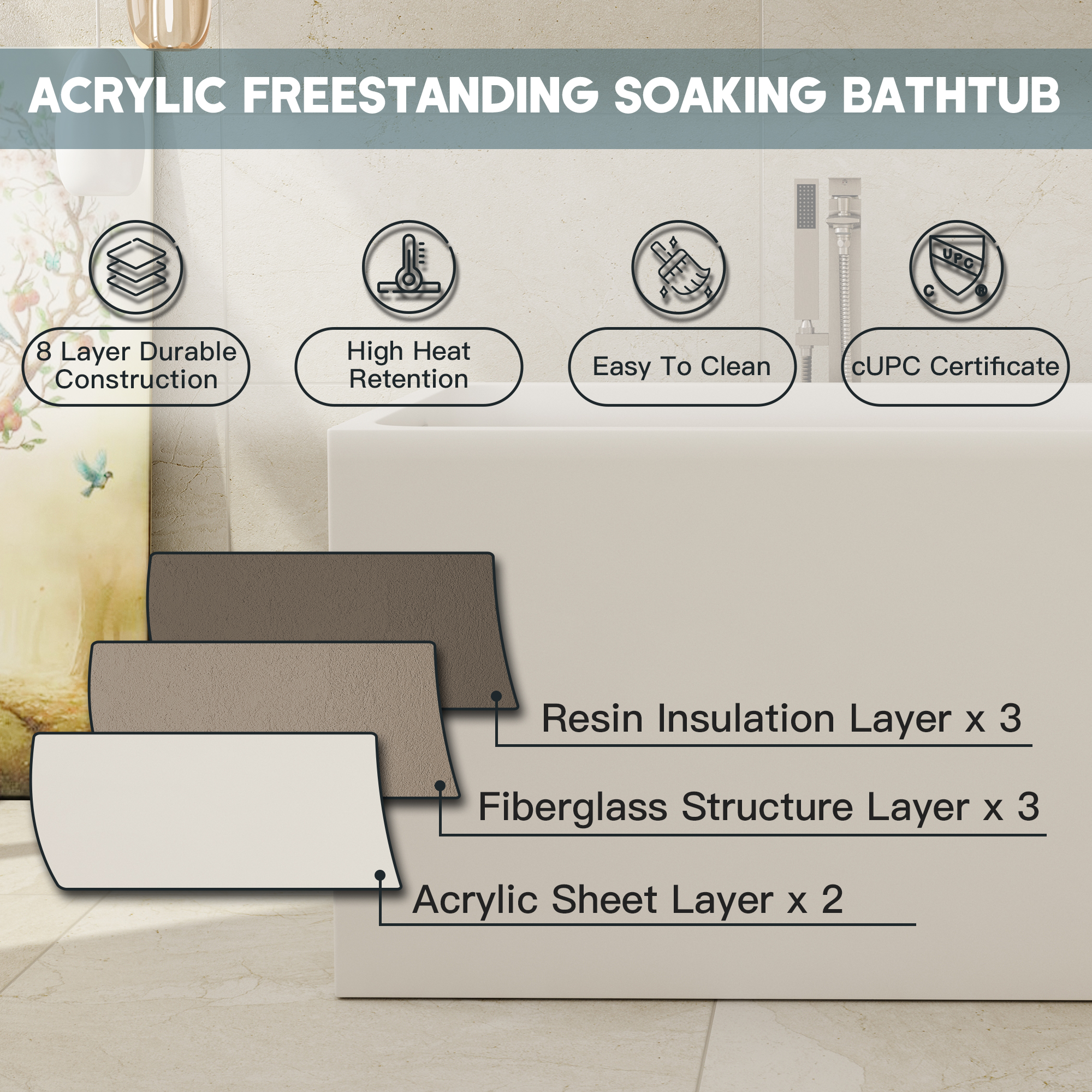 43" Gloss White Rectangule Acrylic Freestanding Bathtub with&without Built-in Seat