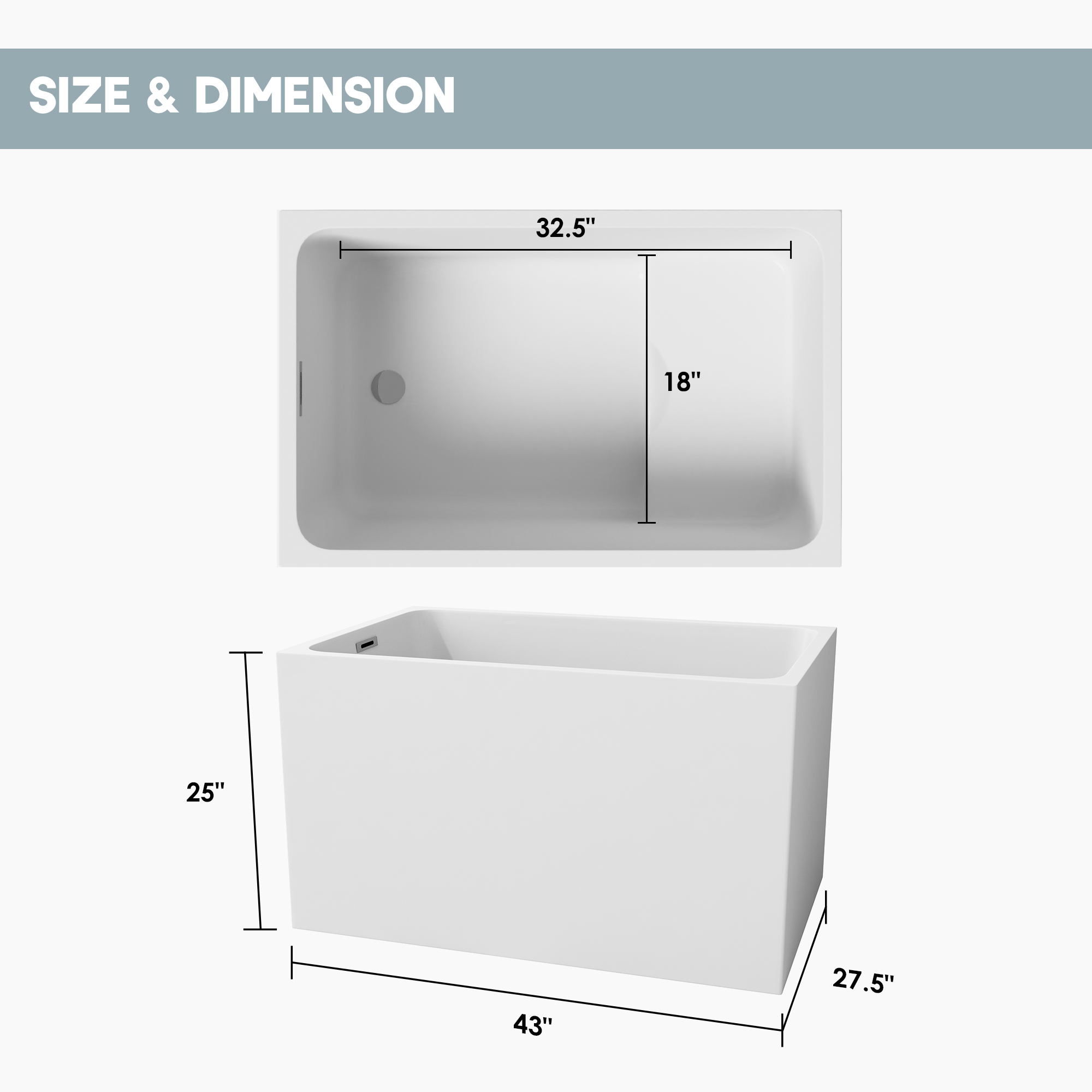 43" Gloss White Rectangule Acrylic Freestanding Bathtub with&without Built-in Seat