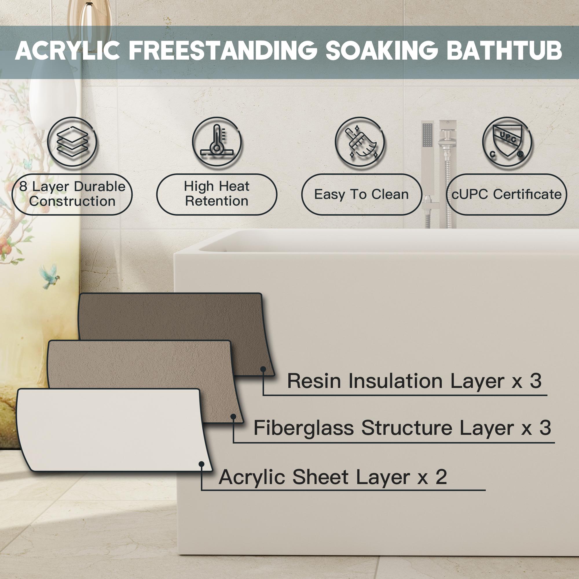 43" Gloss White Rectangule Acrylic Freestanding Bathtub with&without Built-in Seat