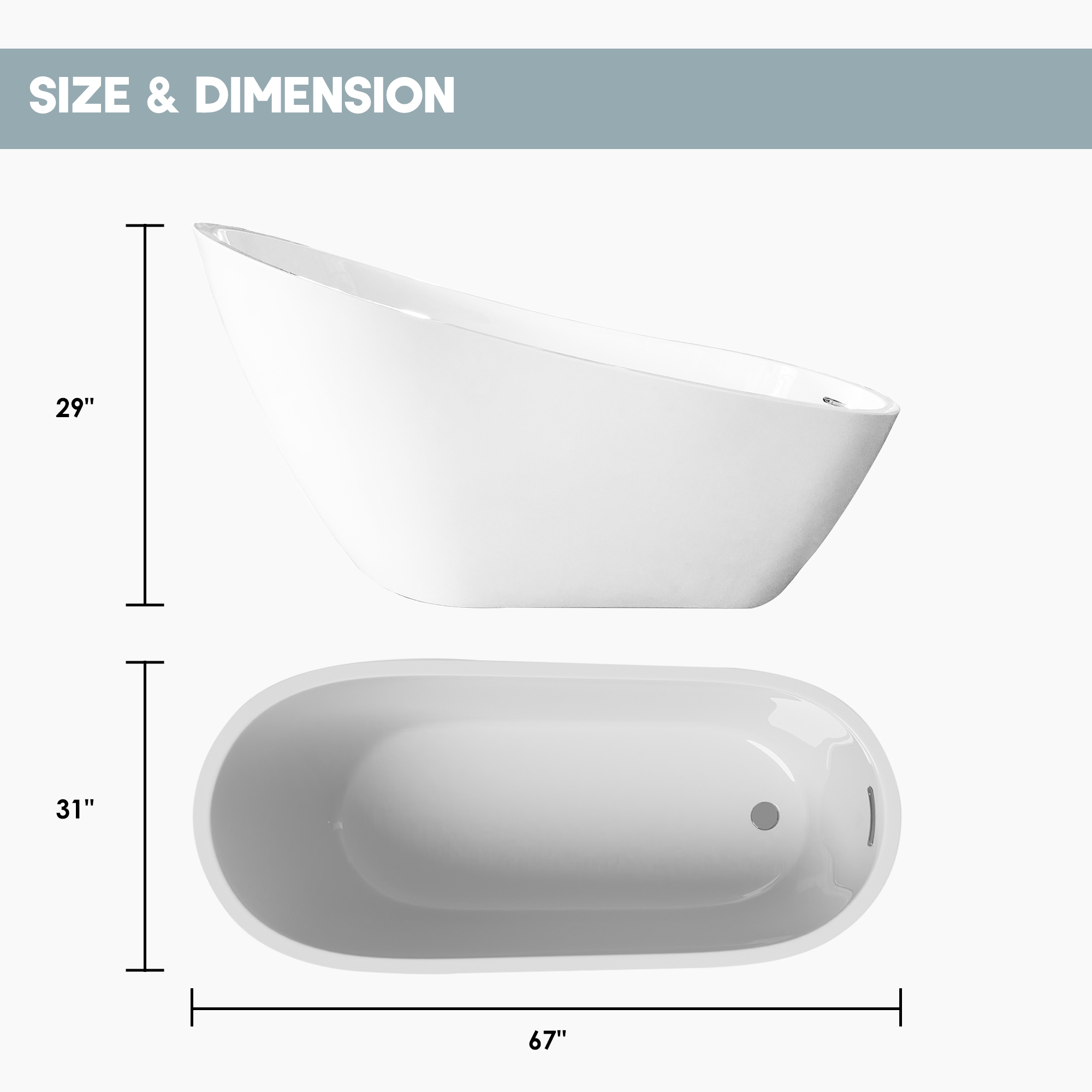 67" Special-Shaped Acrylic Freestanding Slipper Bathtub in Gloss White with Overflow and Drain