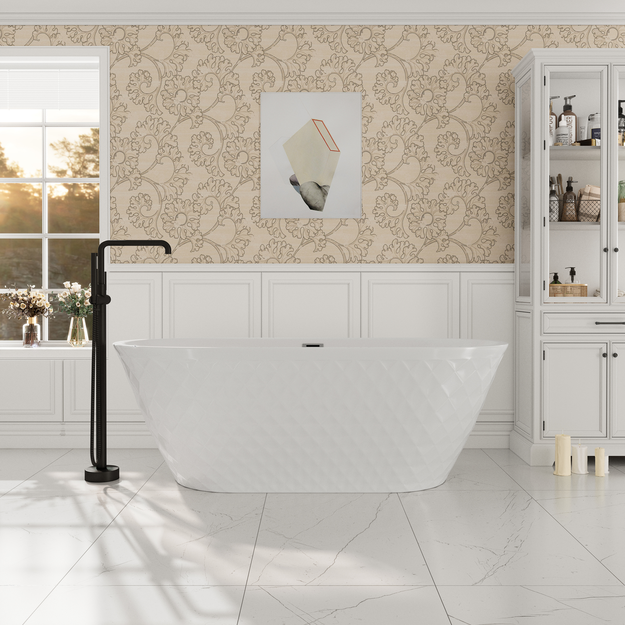 67" Acrylic Freestanding Bathtub with Unique Diamond Pattern Design