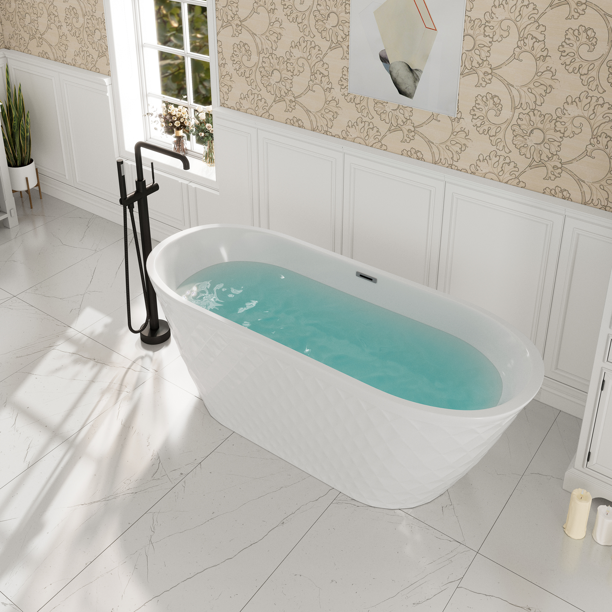 67" Acrylic Freestanding Bathtub with Unique Diamond Pattern Design
