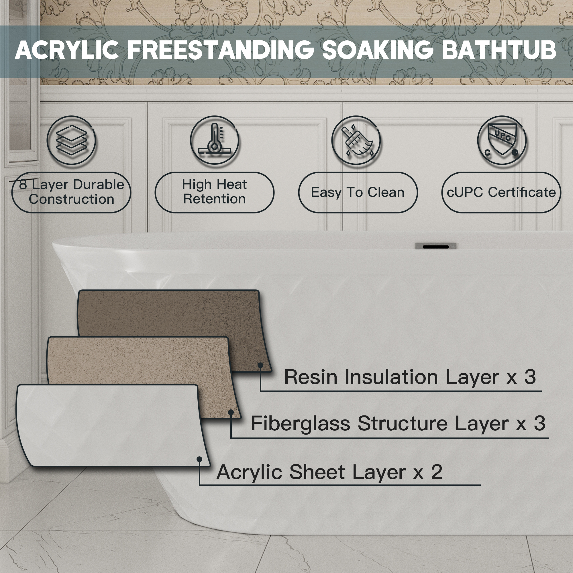 67" Acrylic Freestanding Bathtub with Unique Diamond Pattern Design