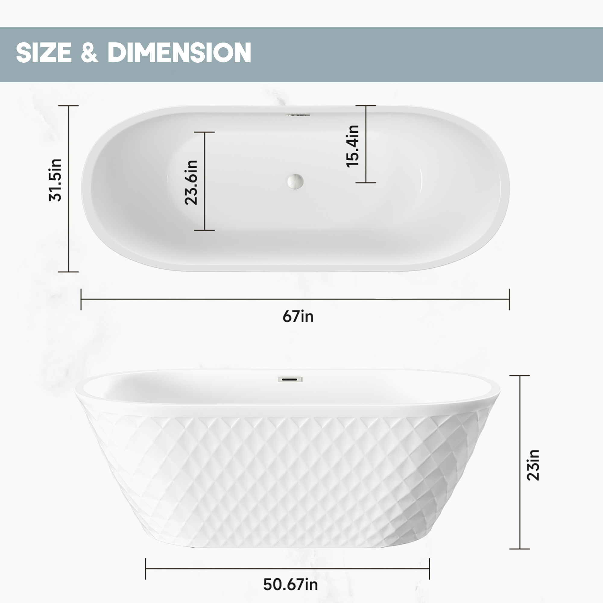 67" Acrylic Freestanding Bathtub with Unique Diamond Pattern Design