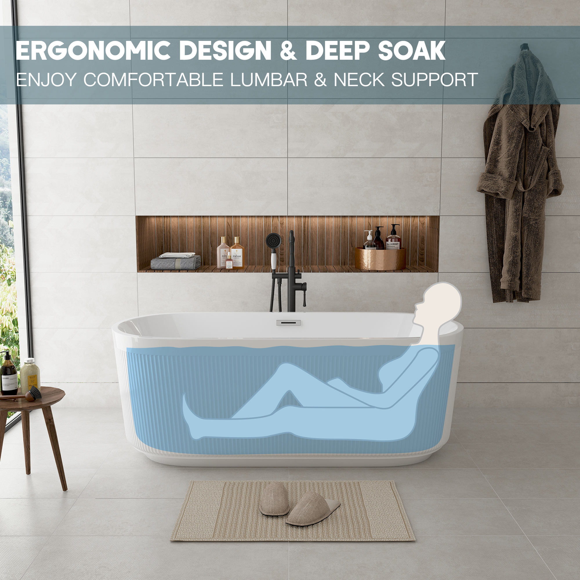 59"/69" Oval Acrylic Freestanding Bathtub with Unique Pleated Design