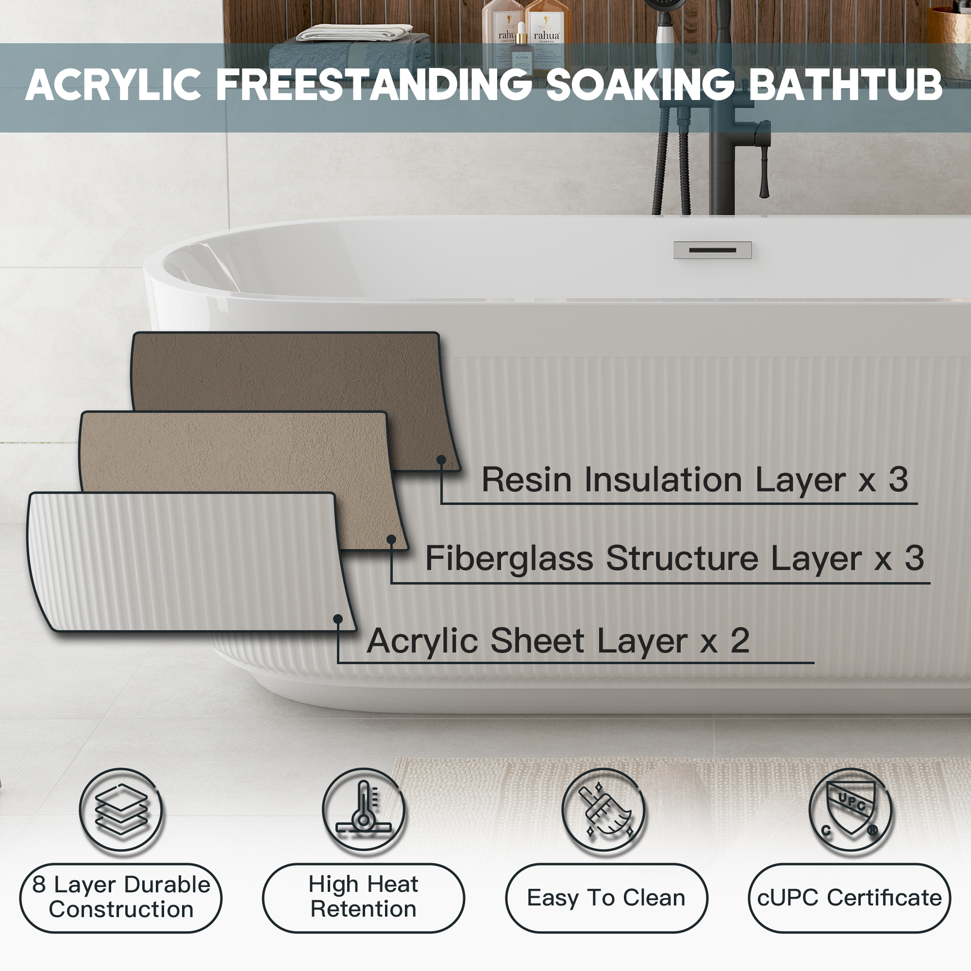 59"/69" Oval Acrylic Freestanding Bathtub with Unique Pleated Design