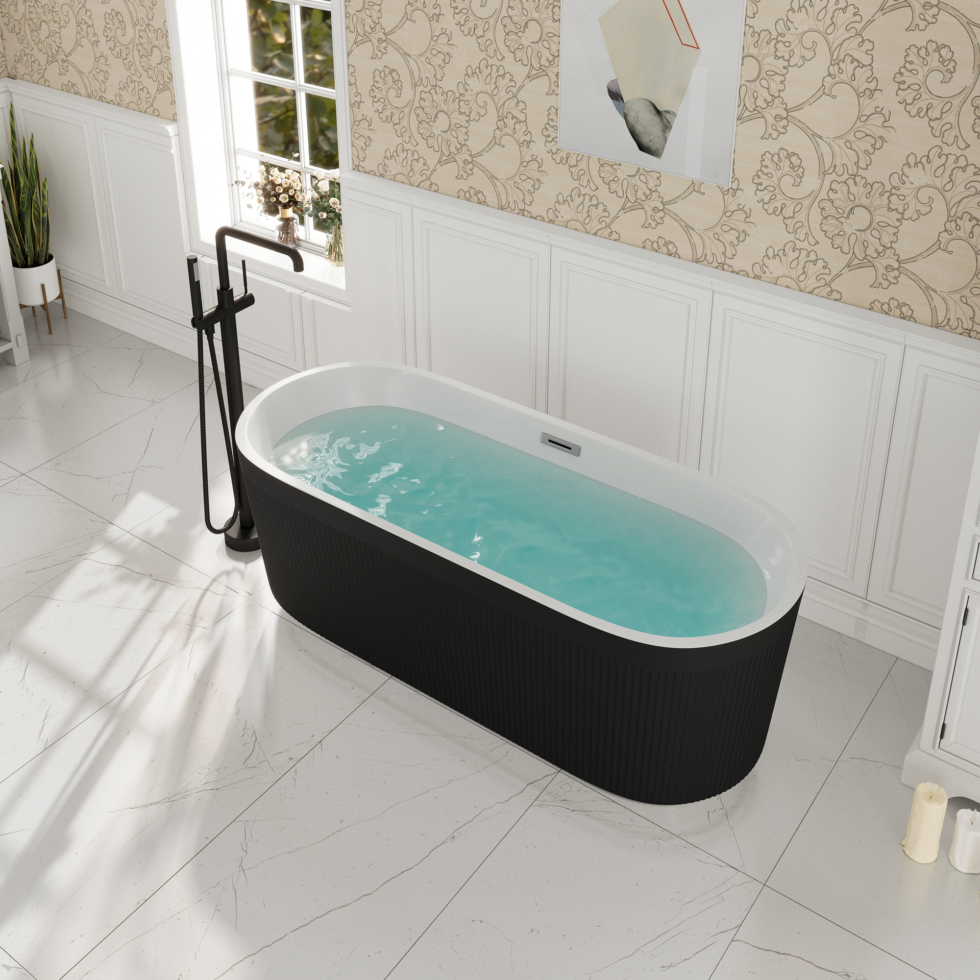 59"/69" Oval Acrylic Freestanding Bathtub with Unique Pleated Design
