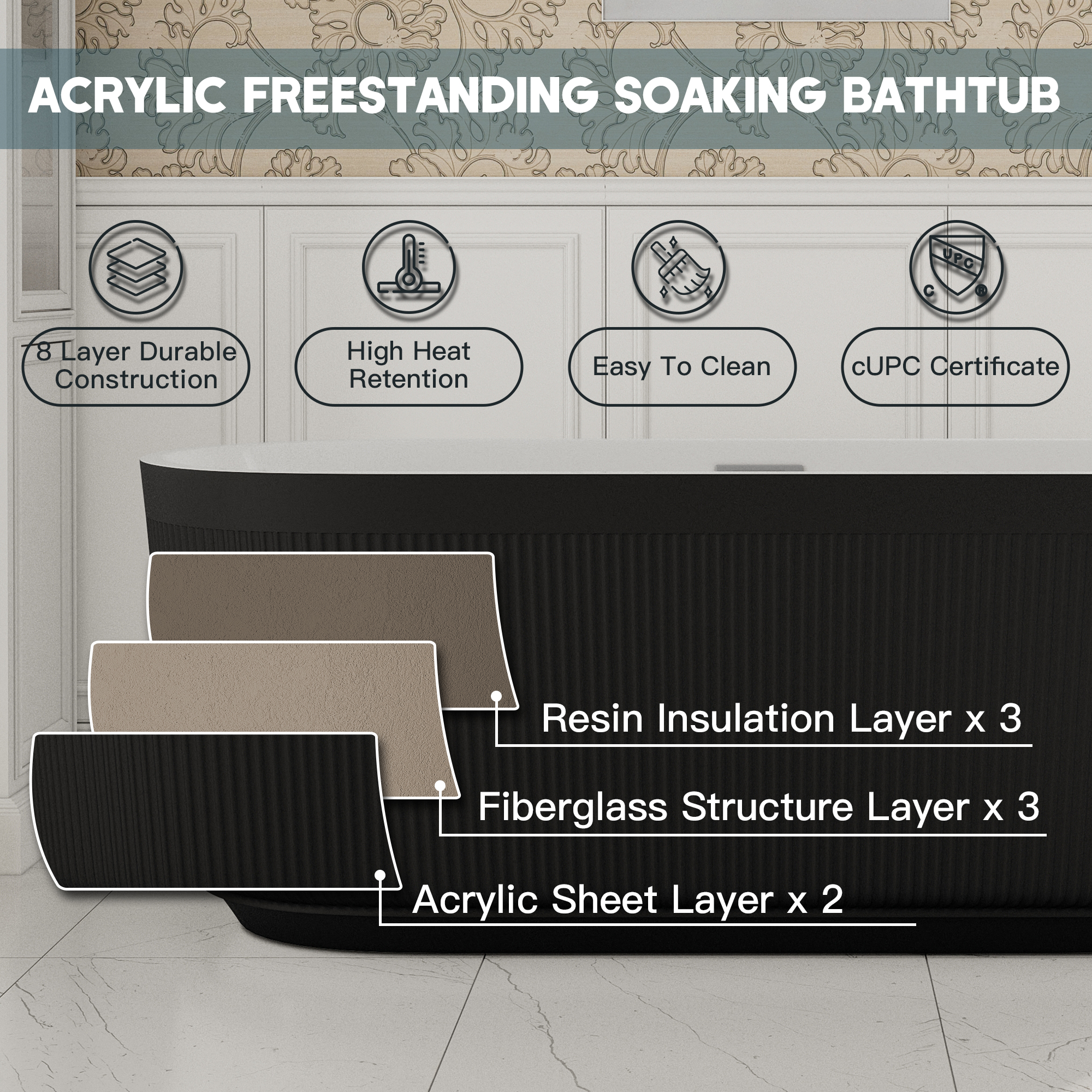 59"/69" Oval Acrylic Freestanding Bathtub with Unique Pleated Design