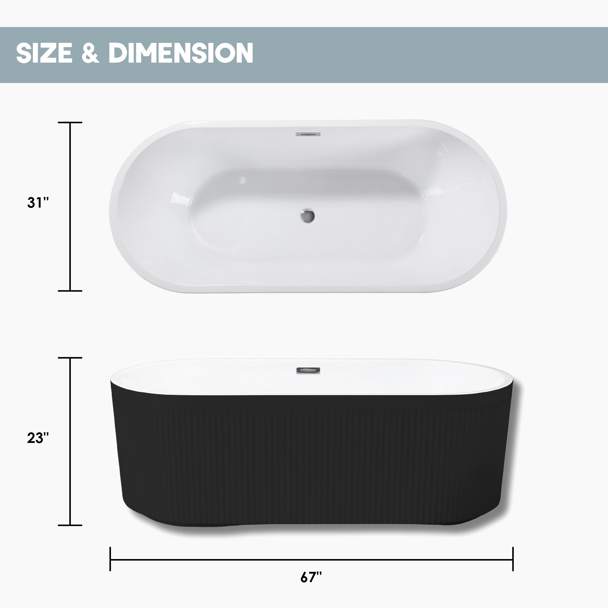 59"/67" Oval Acrylic Freestanding Bathtub with Unique Pleated Design