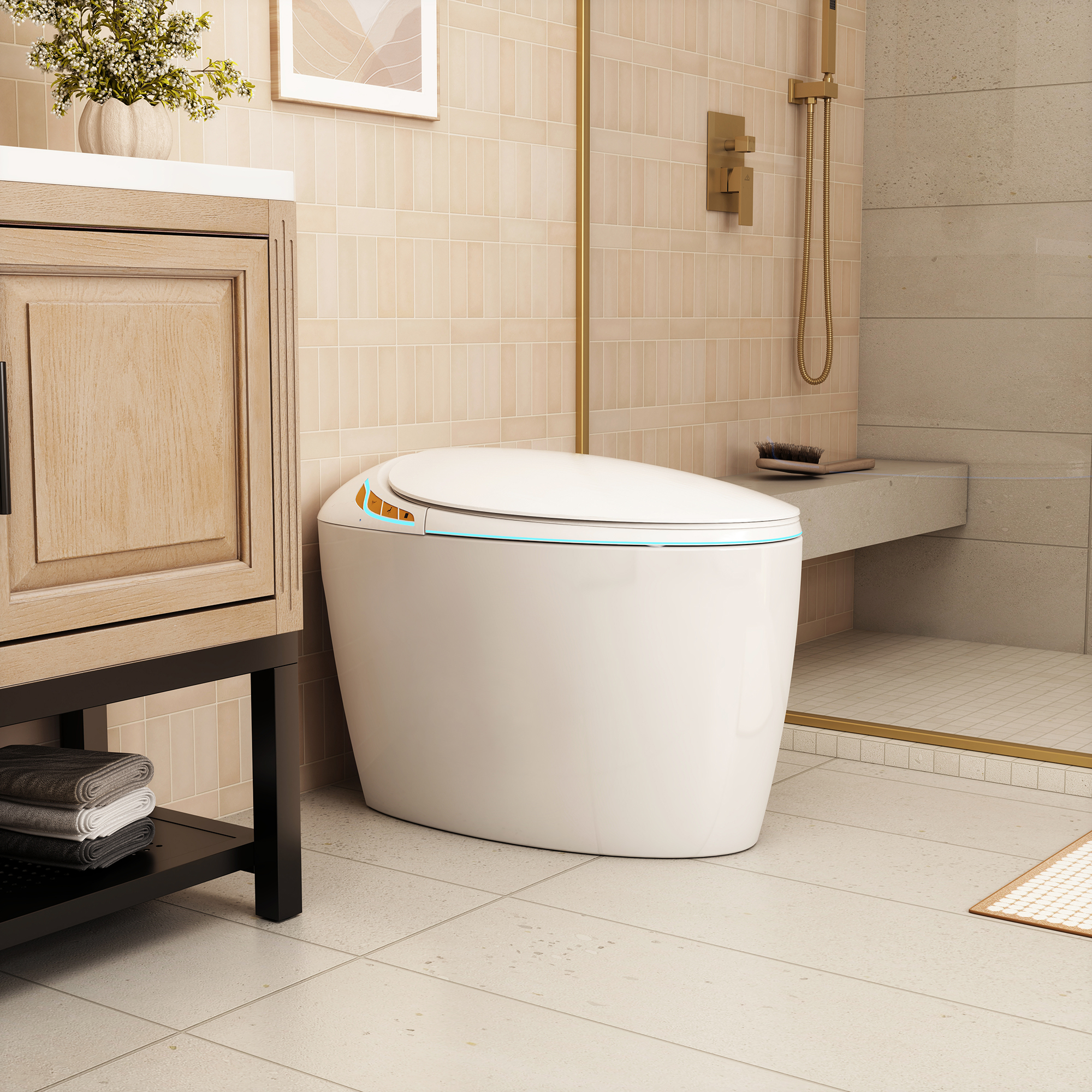 Smart Egg-Shaped Toilet with Built-in Bidet and Soft Ambient Light, Black & Pink