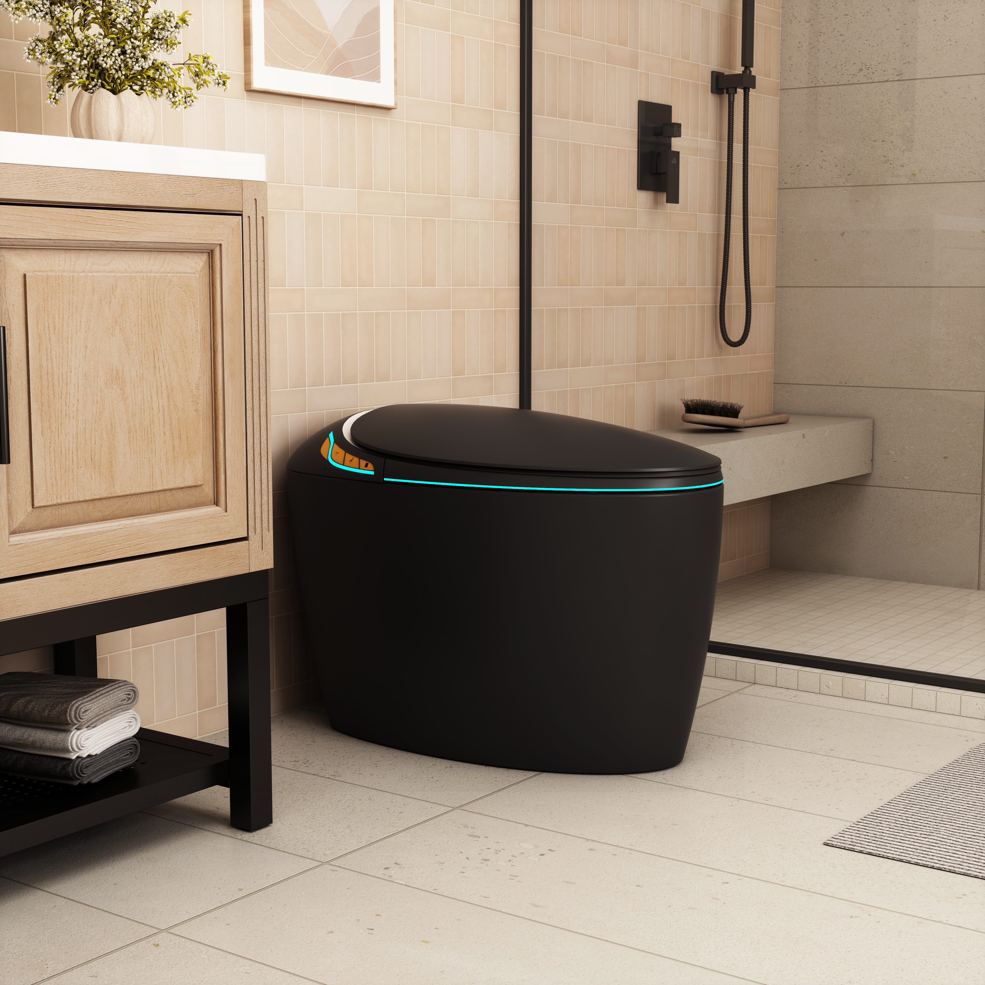 Smart Egg-Shaped Toilet with Built-in Bidet and Soft Ambient Light, Black & Pink