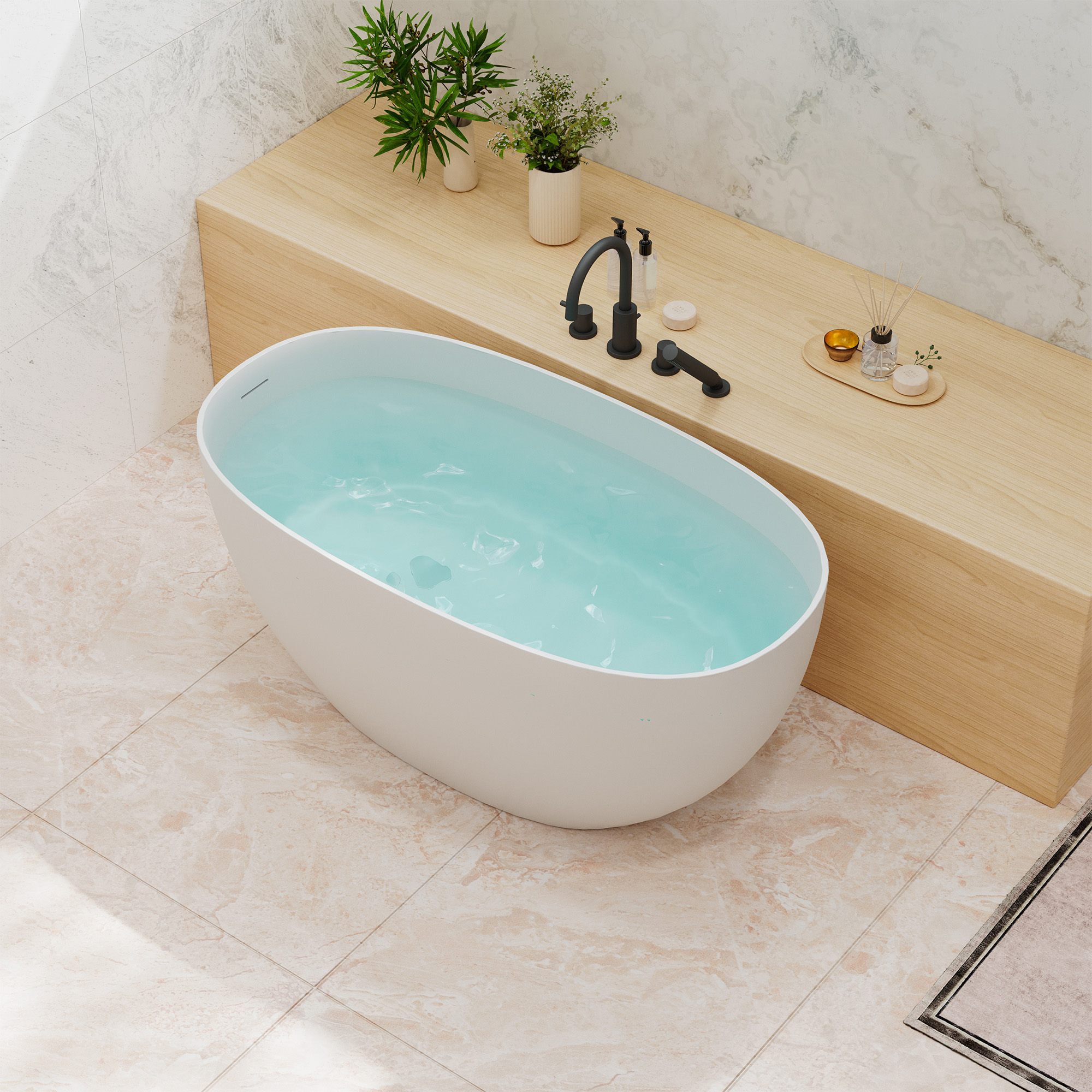 55" Freestanding Solid Surface Soaking Bathtub with Left Drain