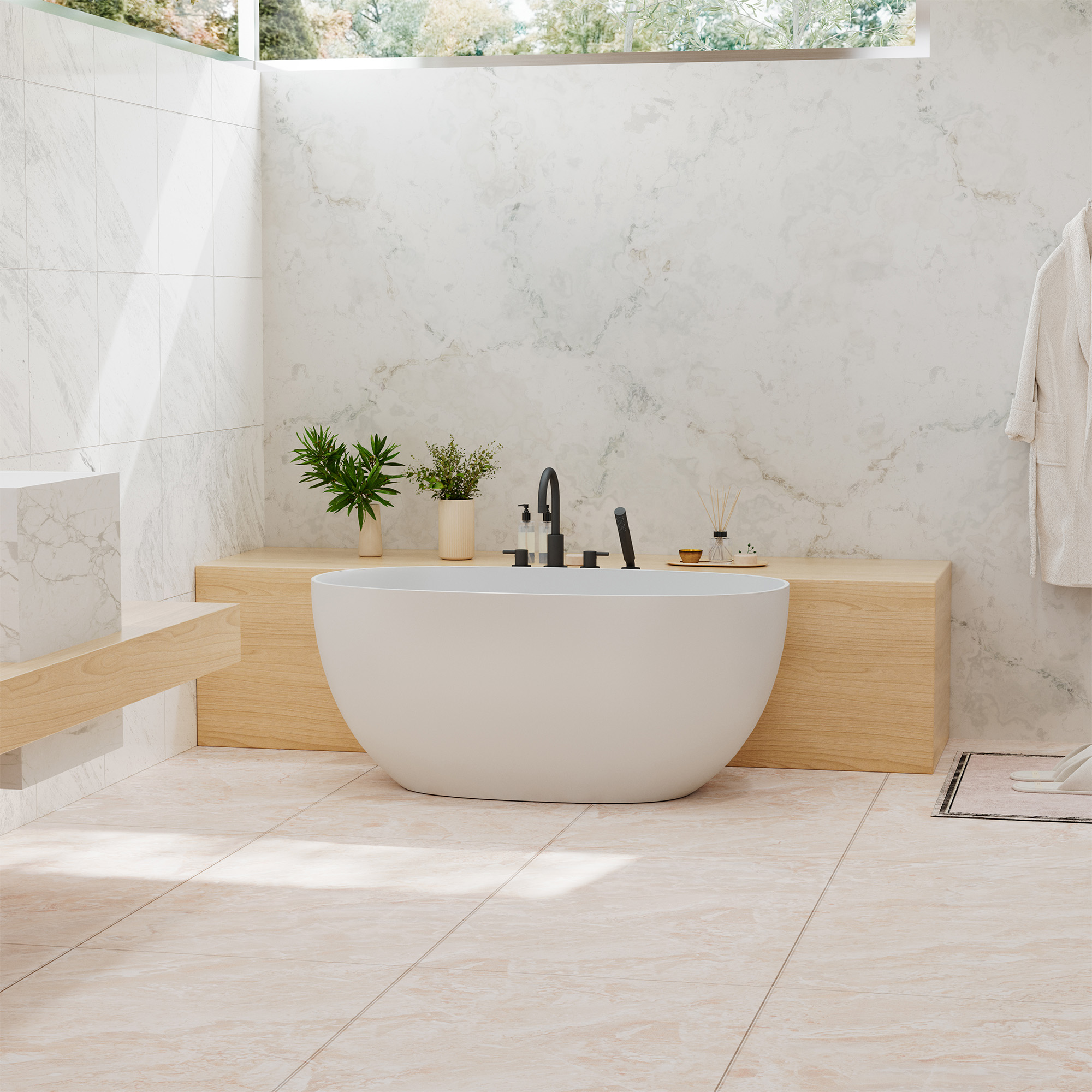 55" Freestanding Solid Surface Soaking Bathtub with Left Drain