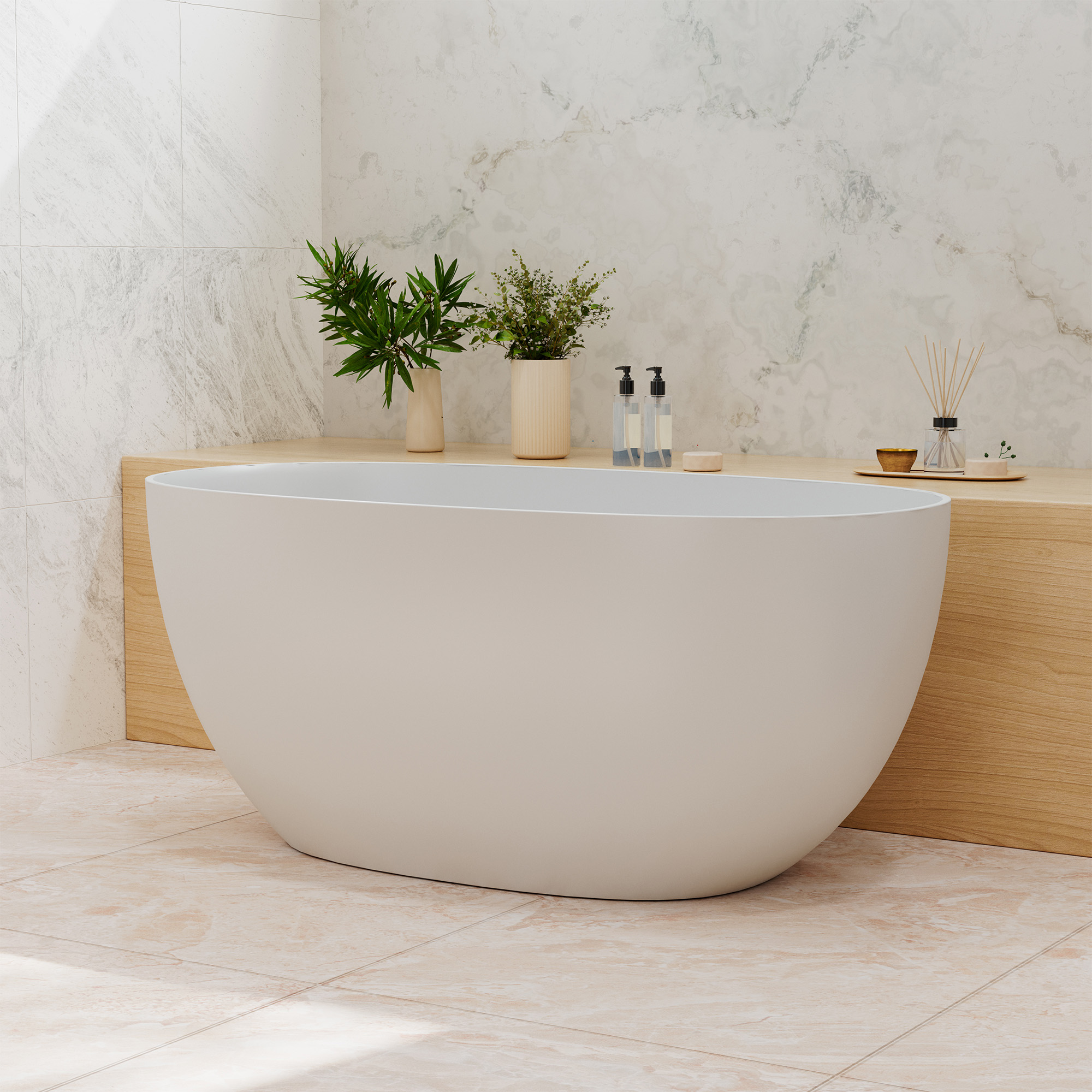 55" Freestanding Solid Surface Soaking Bathtub with Left Drain