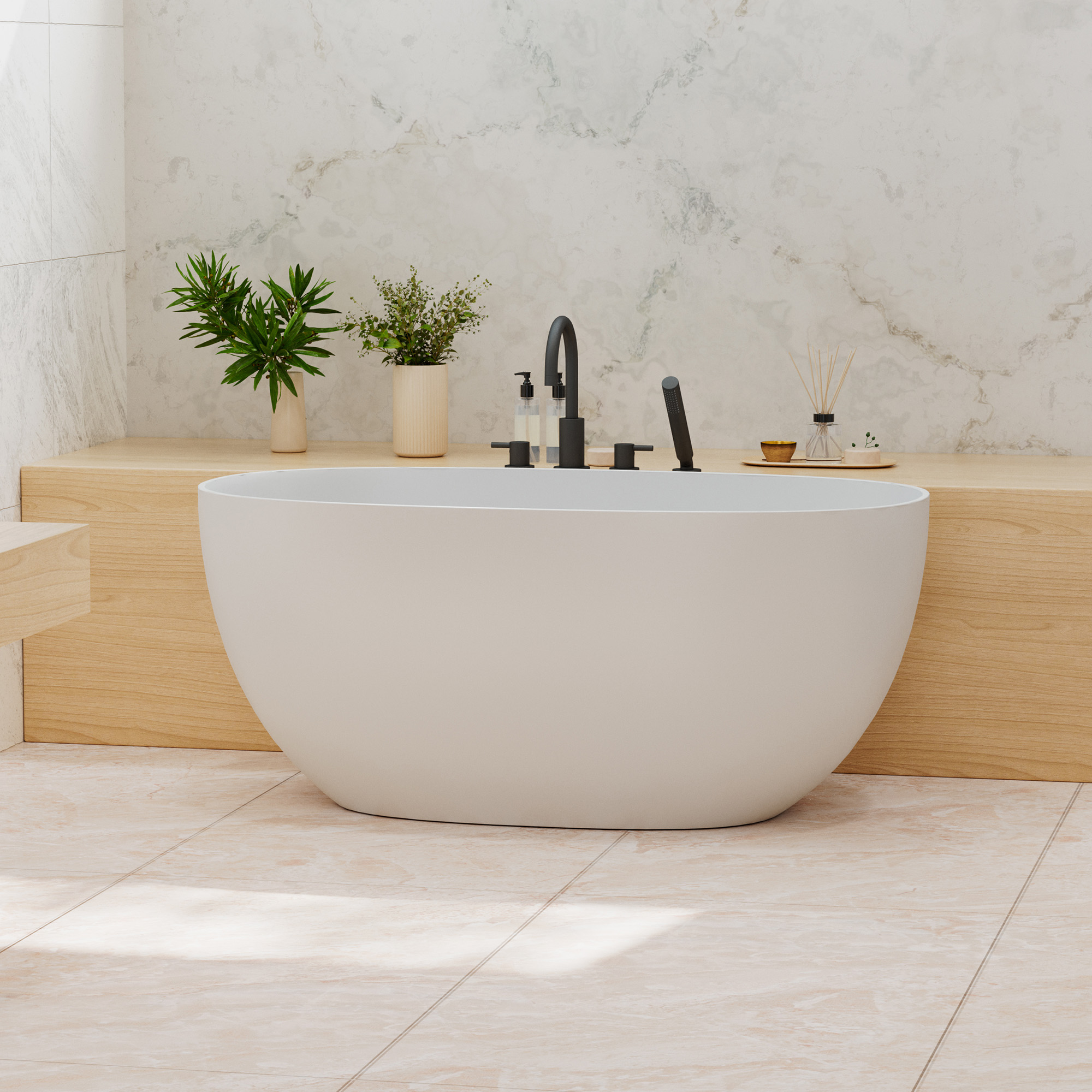 55" Freestanding Solid Surface Soaking Bathtub with Left Drain