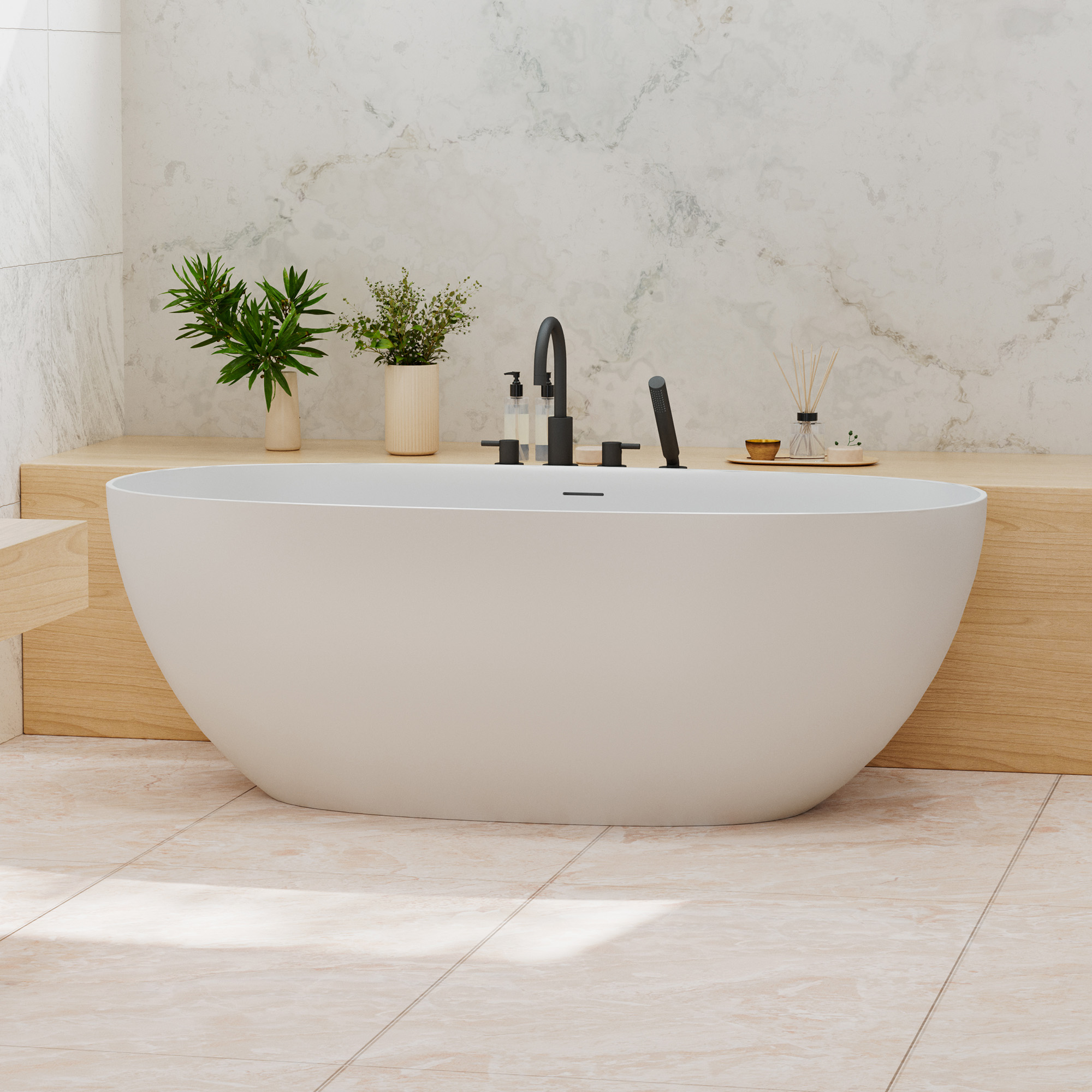 71" Oval Solid Surface Freestanding Soaking Bathtub in Matte White