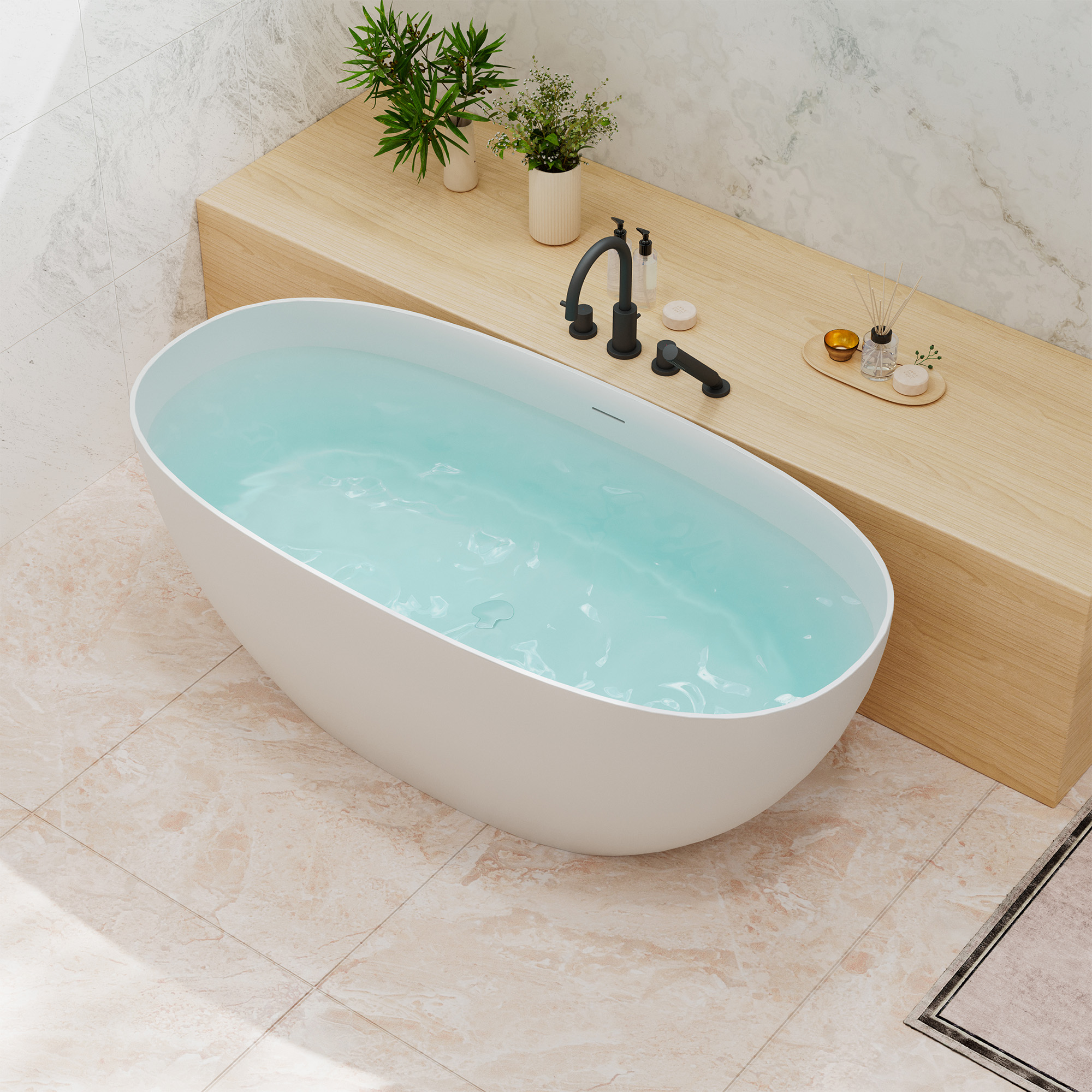 71" Oval Solid Surface Freestanding Soaking Bathtub in Matte White