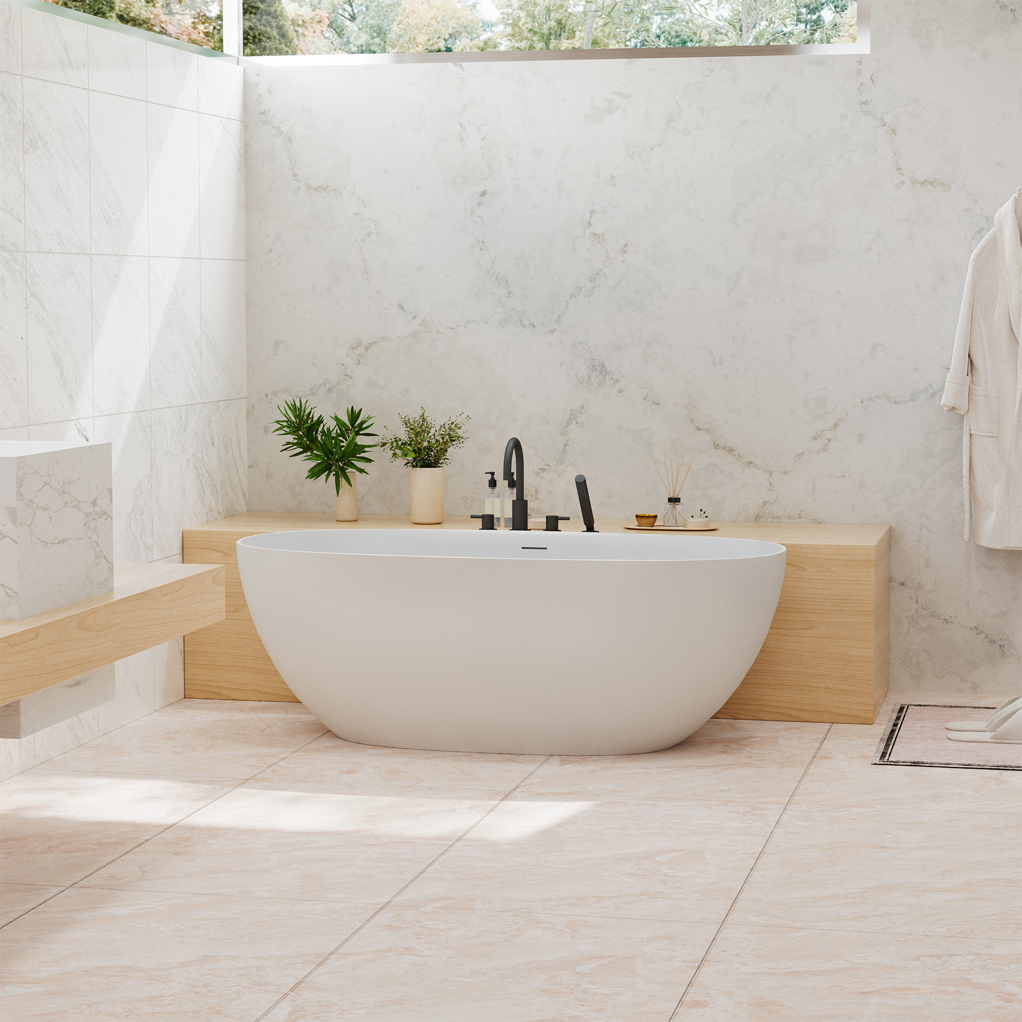 71" Oval Solid Surface Freestanding Soaking Bathtub in Matte White