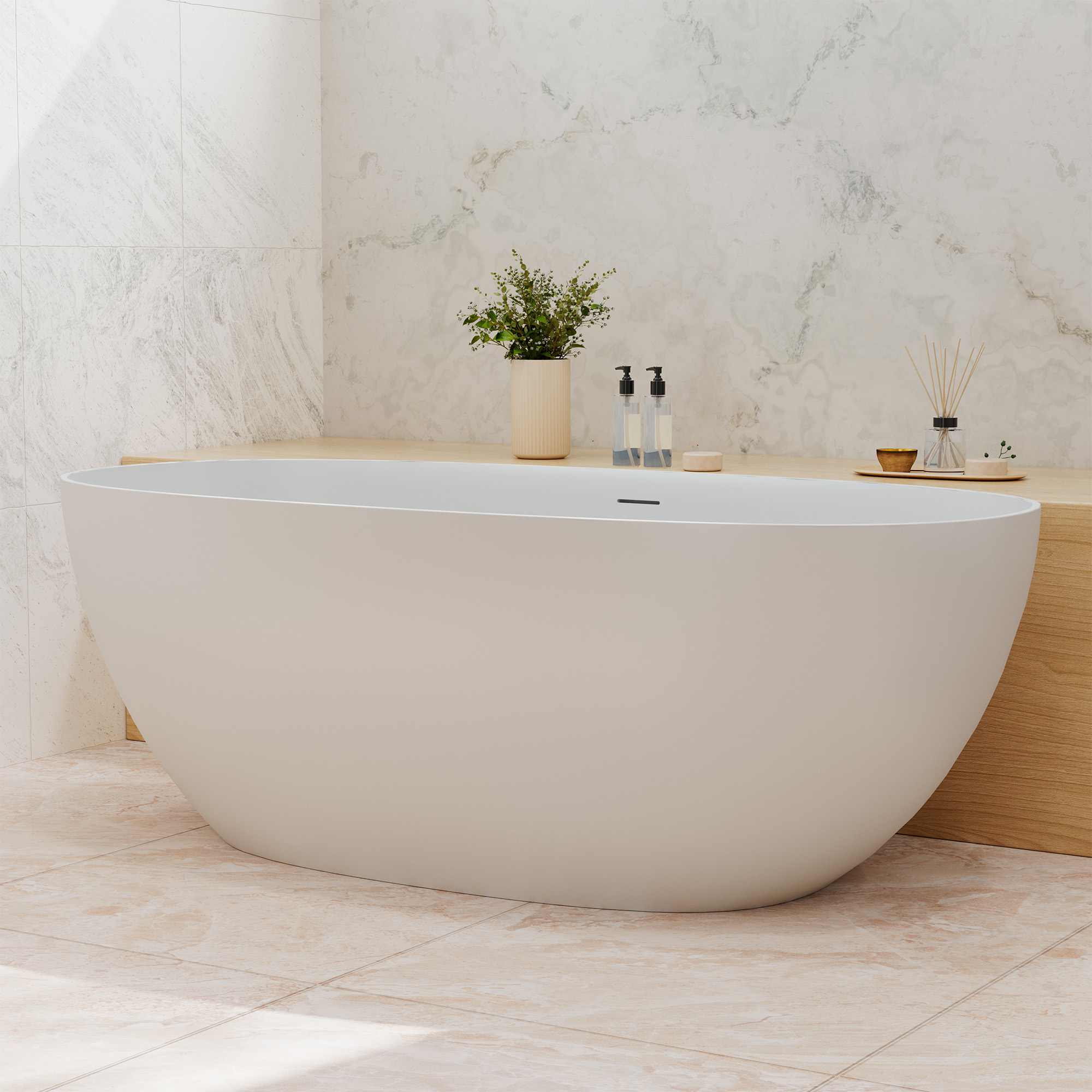 71" Oval Solid Surface Freestanding Soaking Bathtub in Matte White