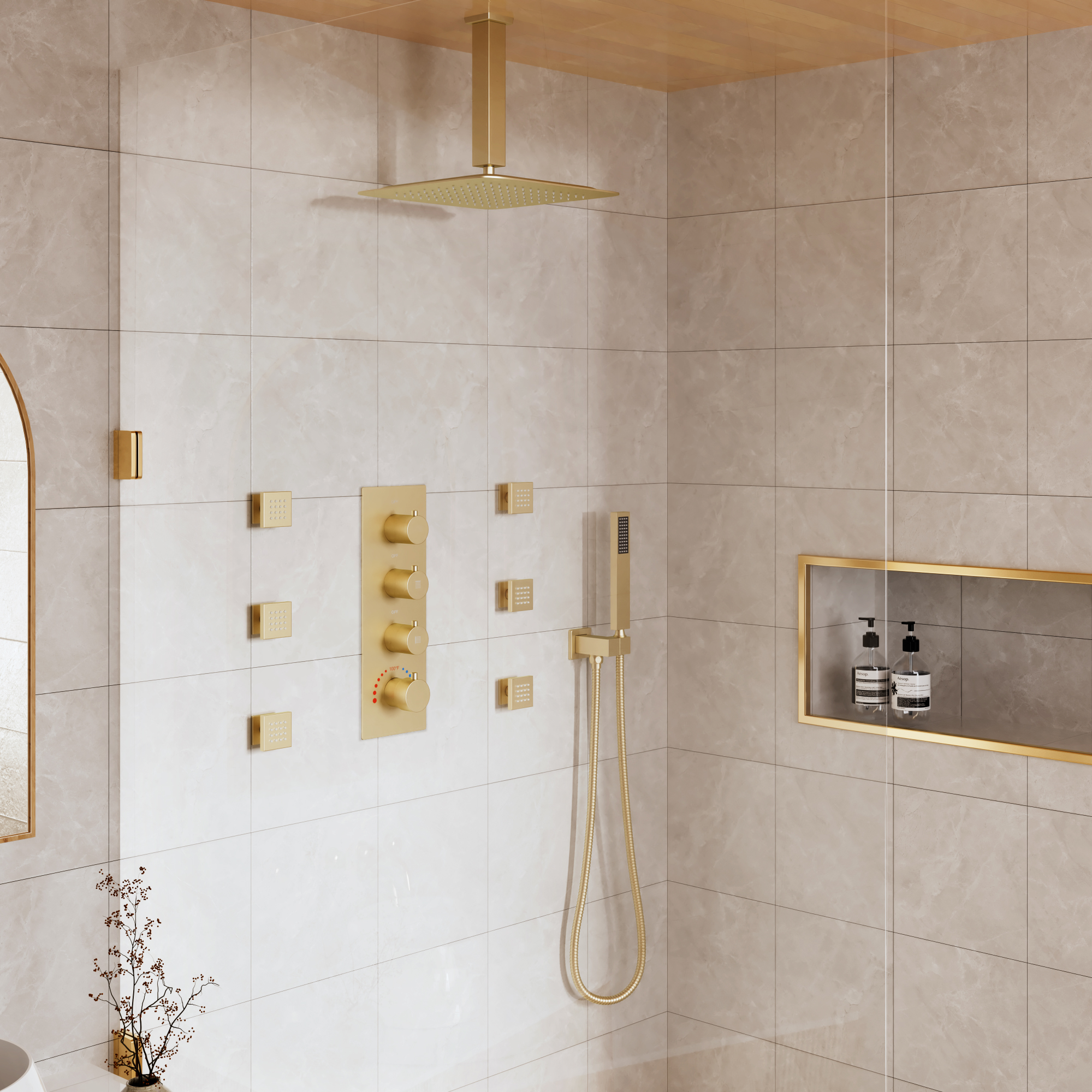 12" Ceiling Mount Rain Shower System with Handheld and Body Jets