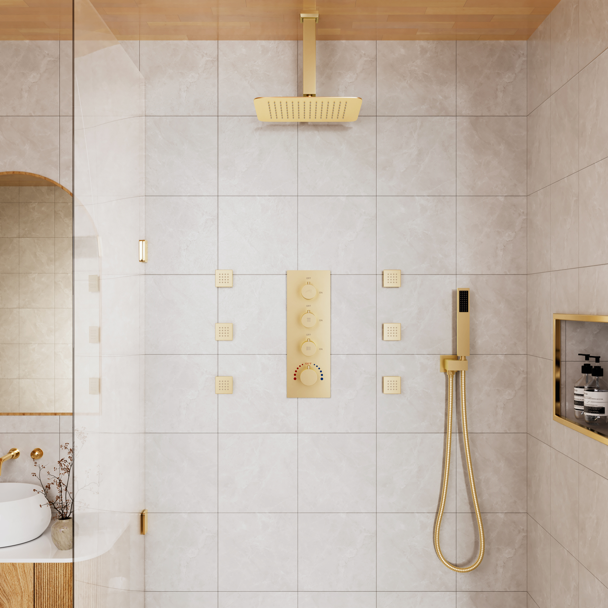 12" Ceiling Mount Rain Shower System with Handheld and Body Jets