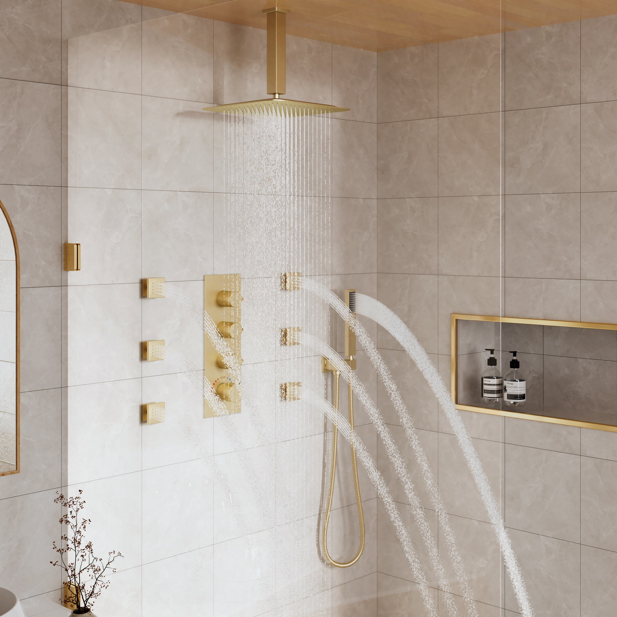 12" Ceiling Mount Rain Shower System with Handheld and Body Jets