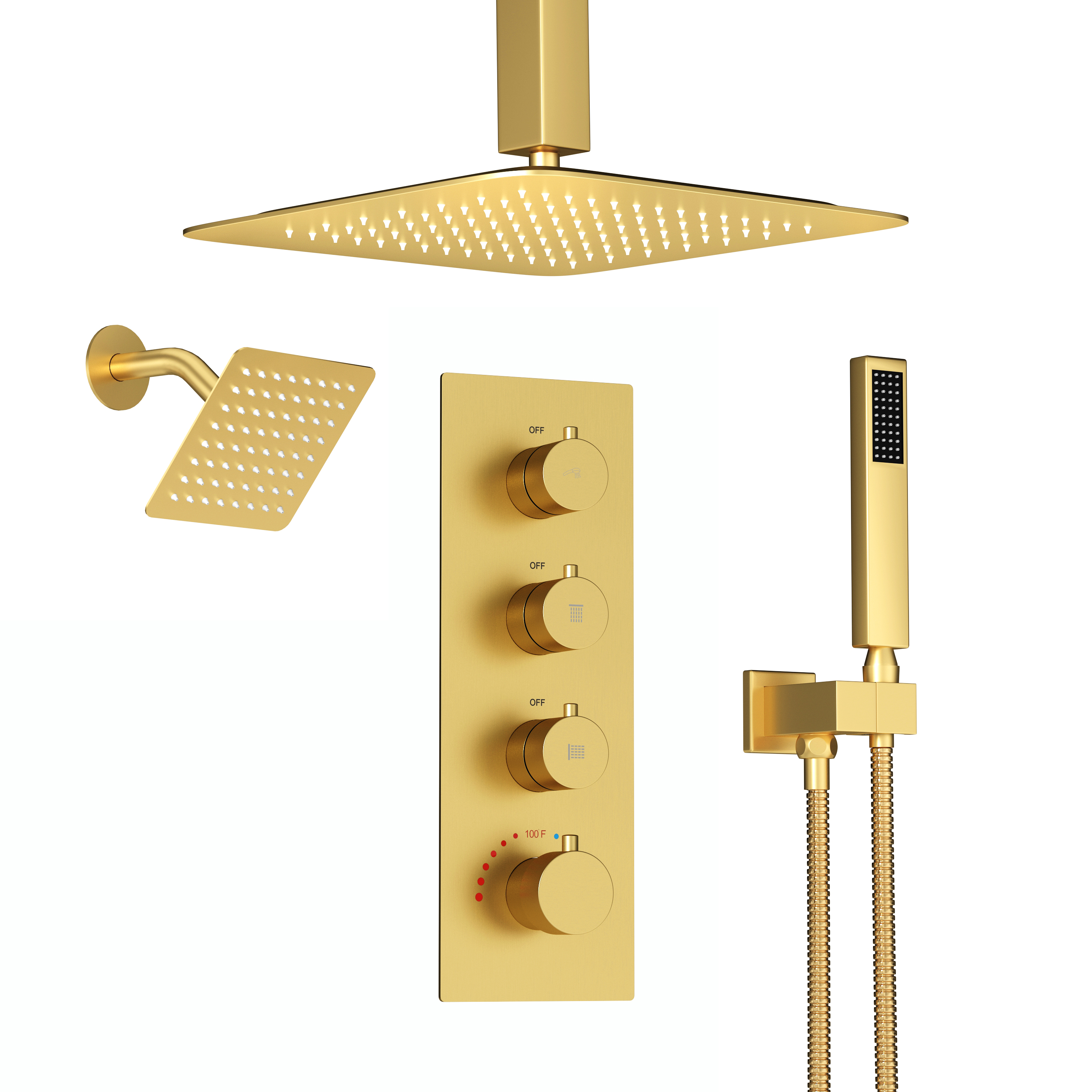 12-inch 3-Function Ceiling Mounted Thermostatic Shower System with Dual Shower Heads