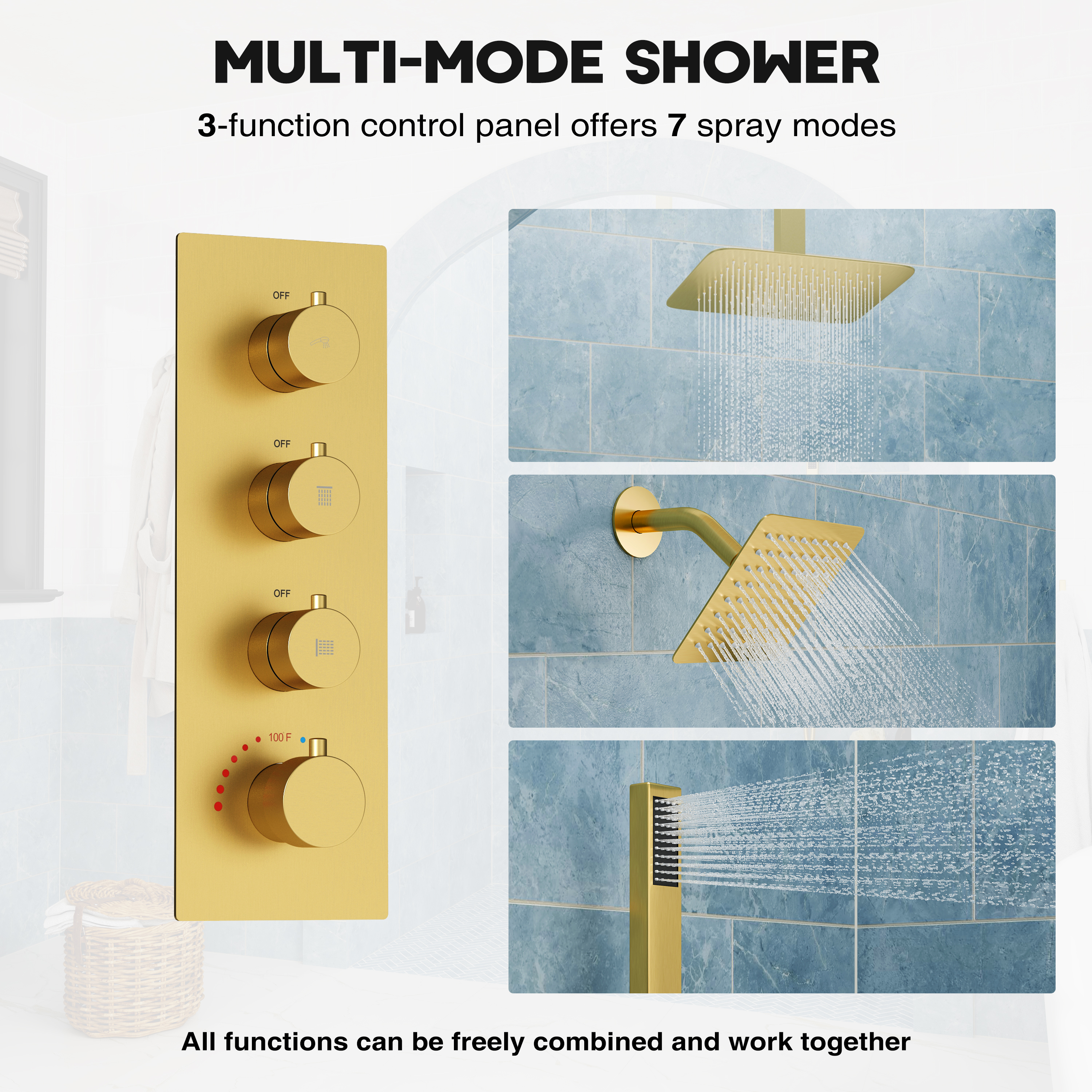 12-inch 3-Function Ceiling Mounted Thermostatic Shower System with Dual Shower Heads