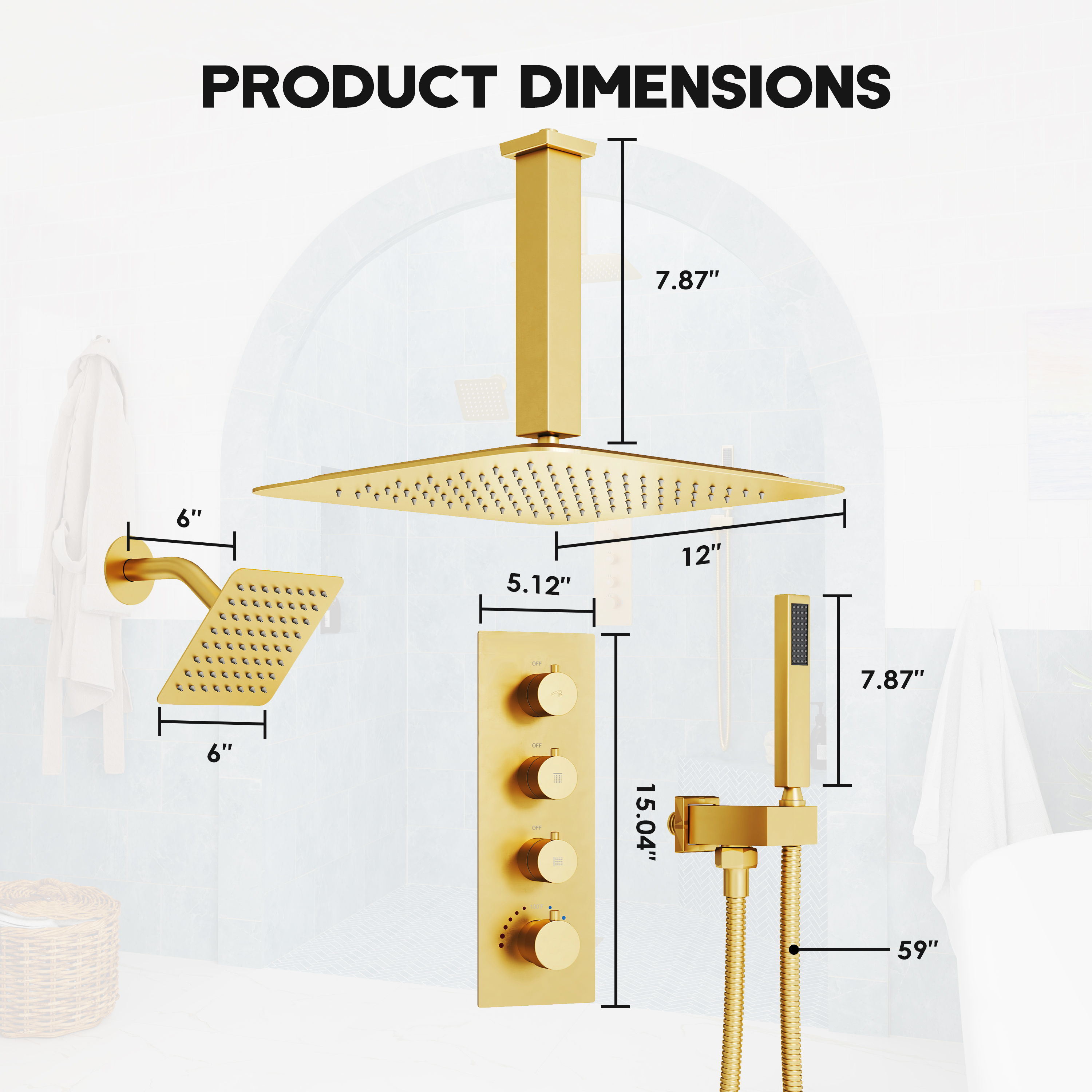 12-inch 3-Function Ceiling Mounted Thermostatic Shower System with Dual Shower Heads
