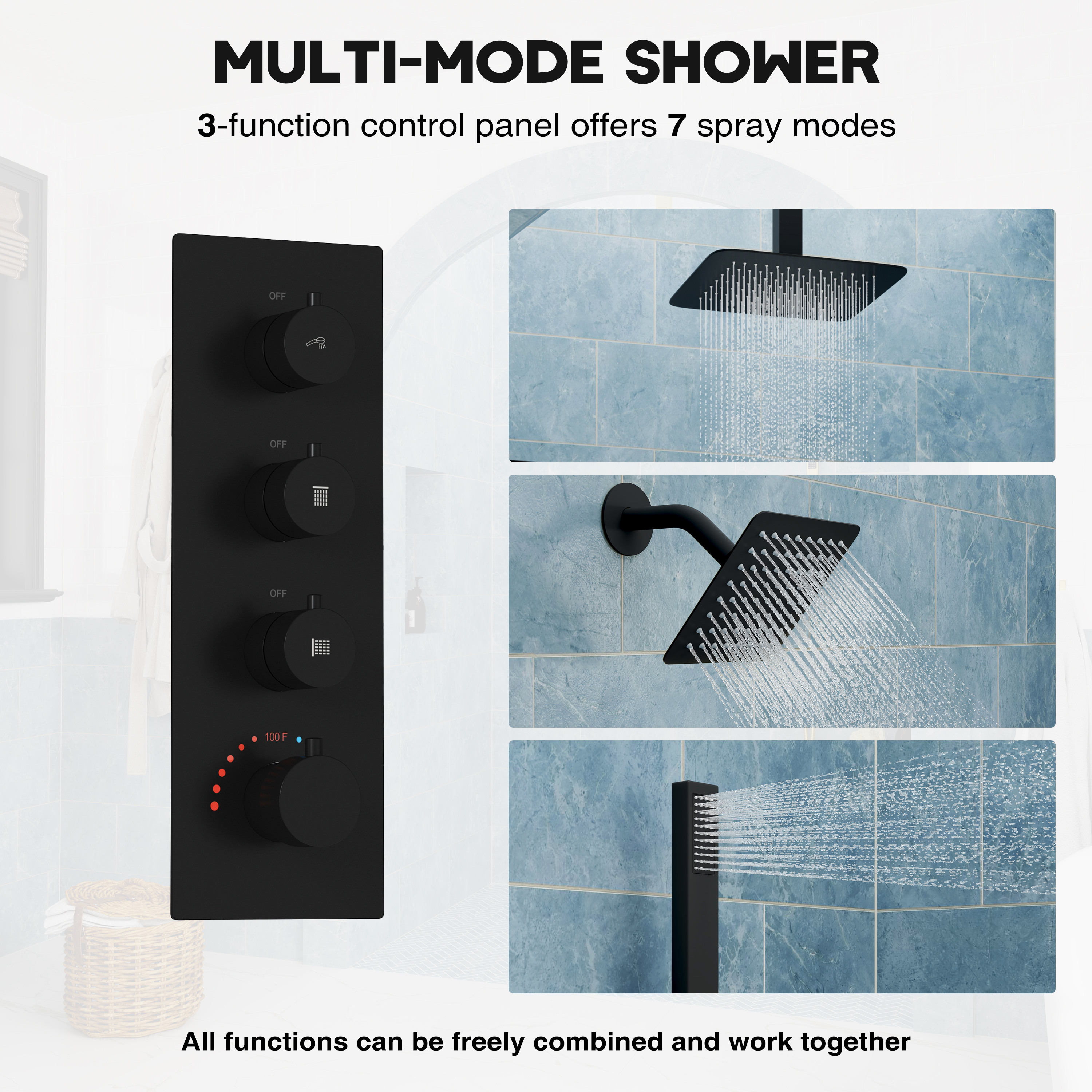 12-inch 3-Function Ceiling Mounted Thermostatic Shower System with Dual Shower Heads