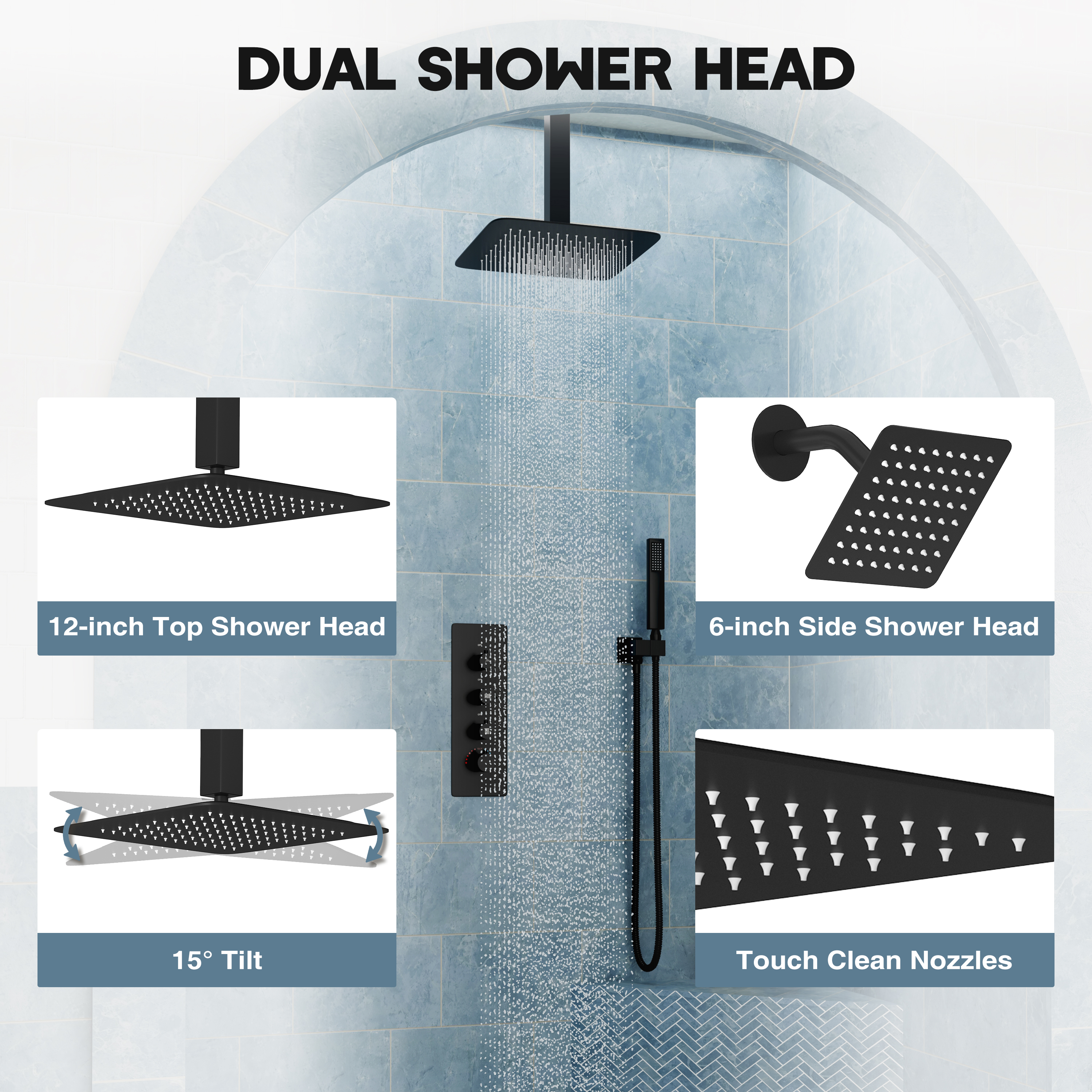 12-inch 3-Function Ceiling Mounted Thermostatic Shower System with Dual Shower Heads