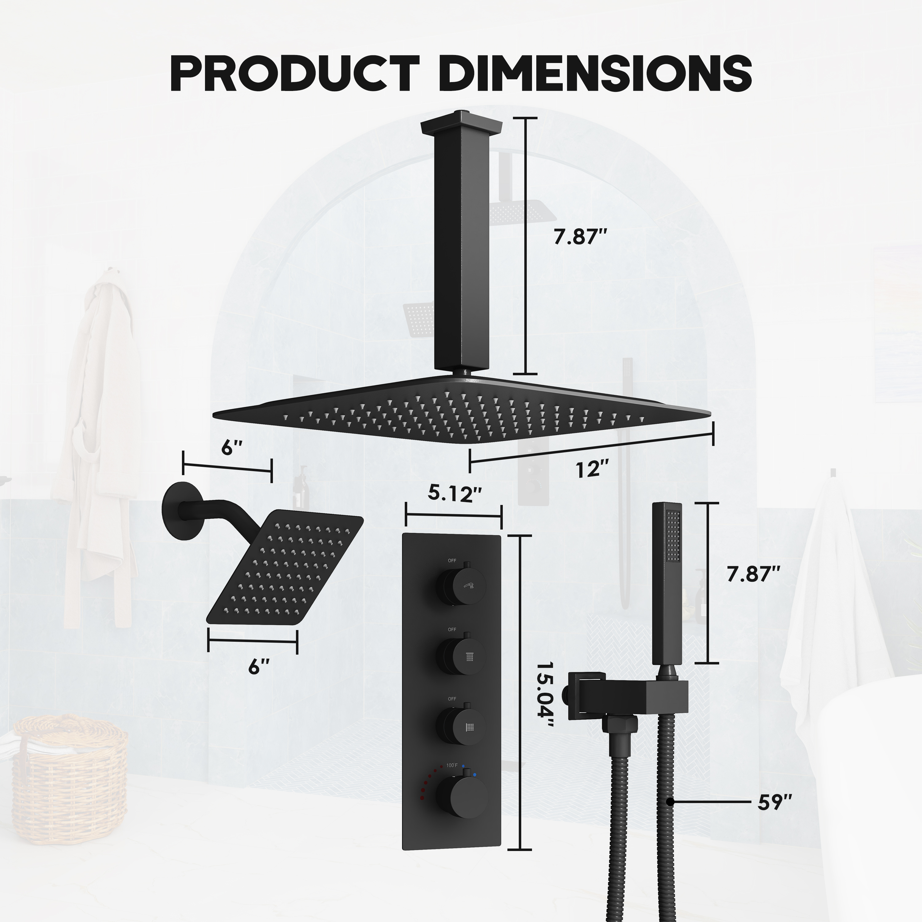 12-inch 3-Function Ceiling Mounted Thermostatic Shower System with Dual Shower Heads