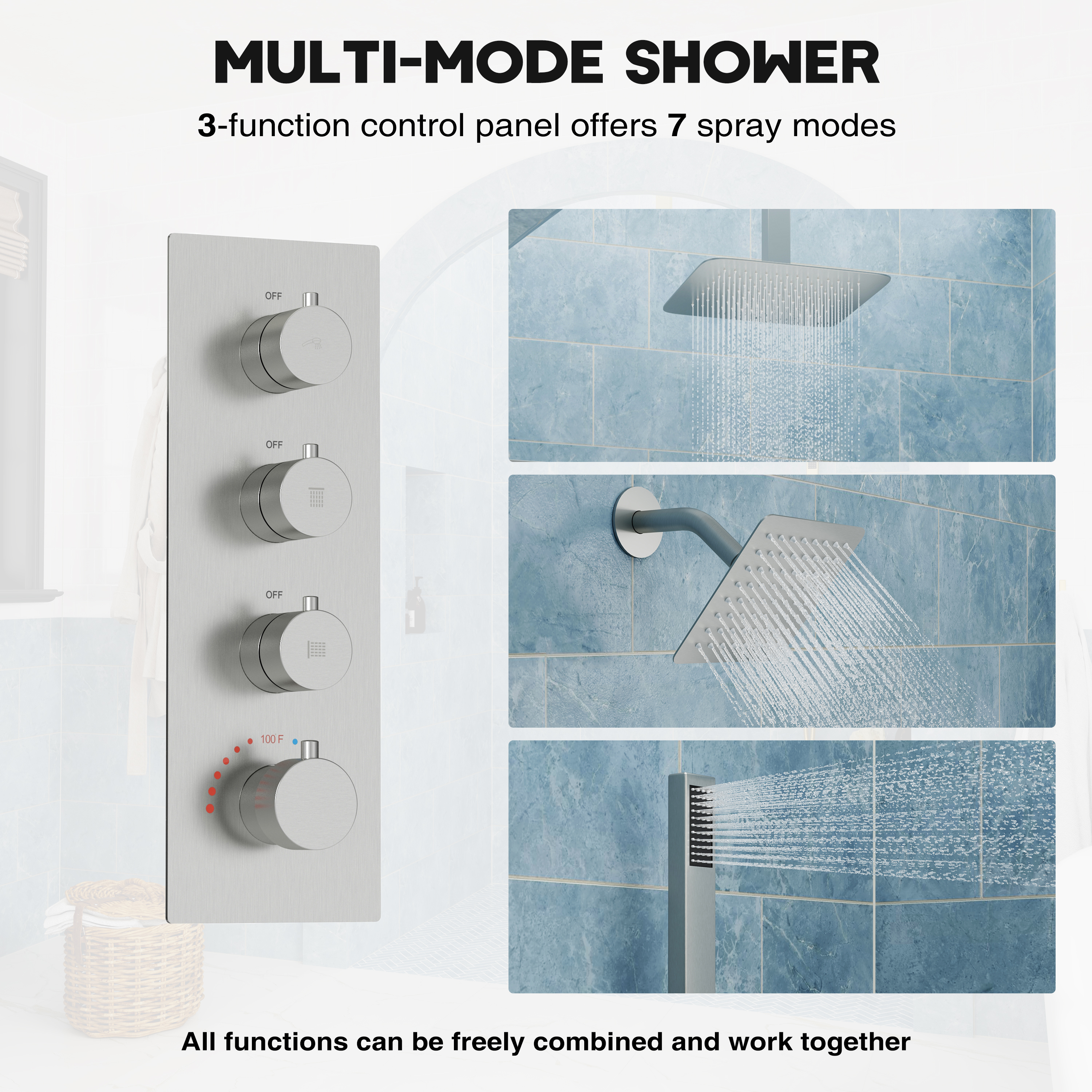 12-inch 3-Function Ceiling Mounted Thermostatic Shower System with Dual Shower Heads