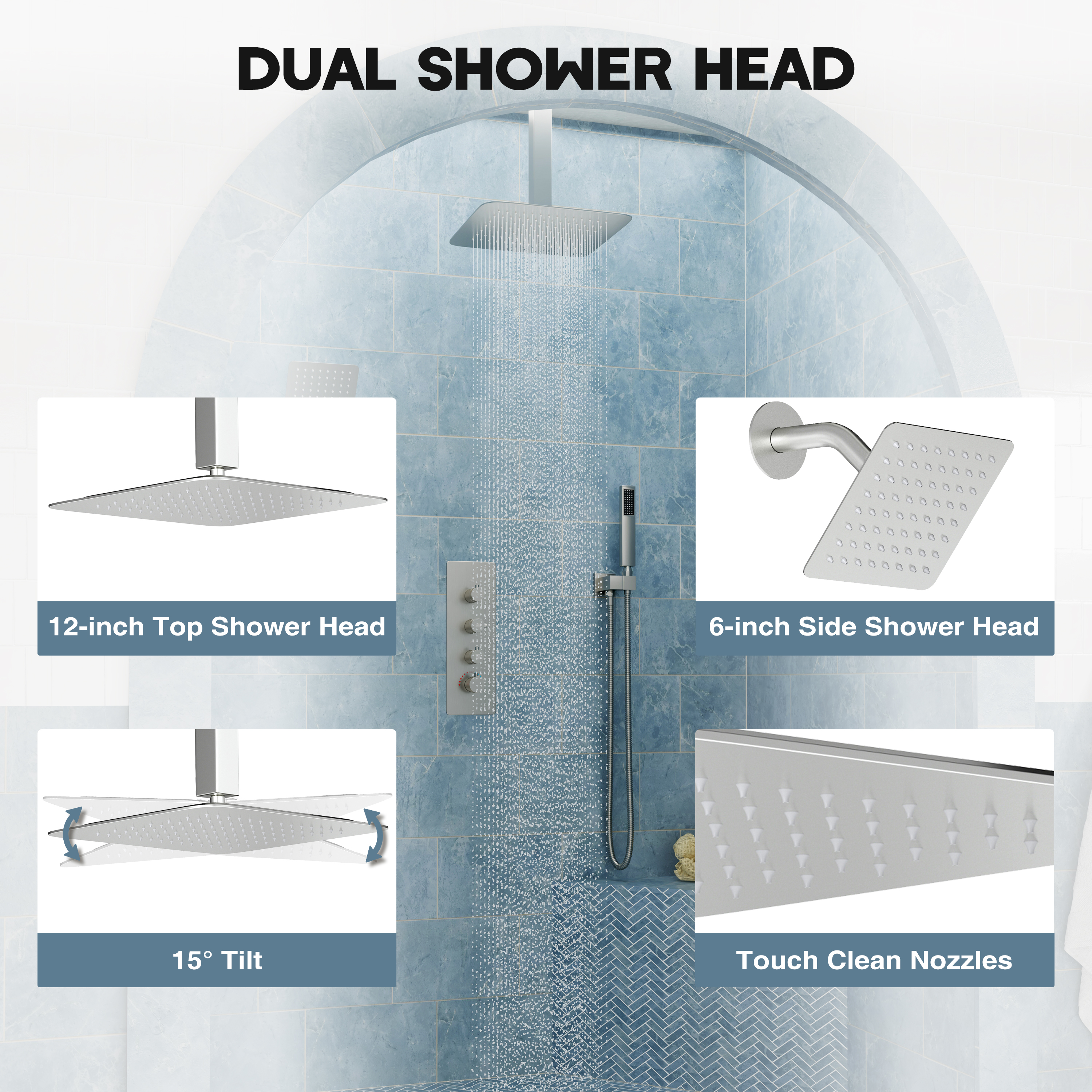 12-inch 3-Function Ceiling Mounted Thermostatic Shower System with Dual Shower Heads