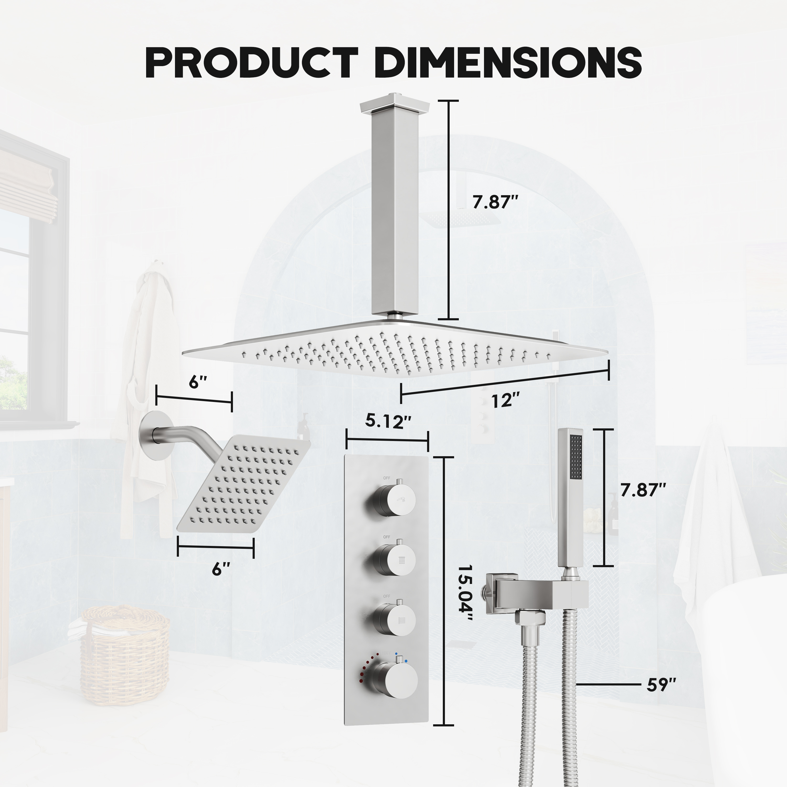 12-inch 3-Function Ceiling Mounted Thermostatic Shower System with Dual Shower Heads