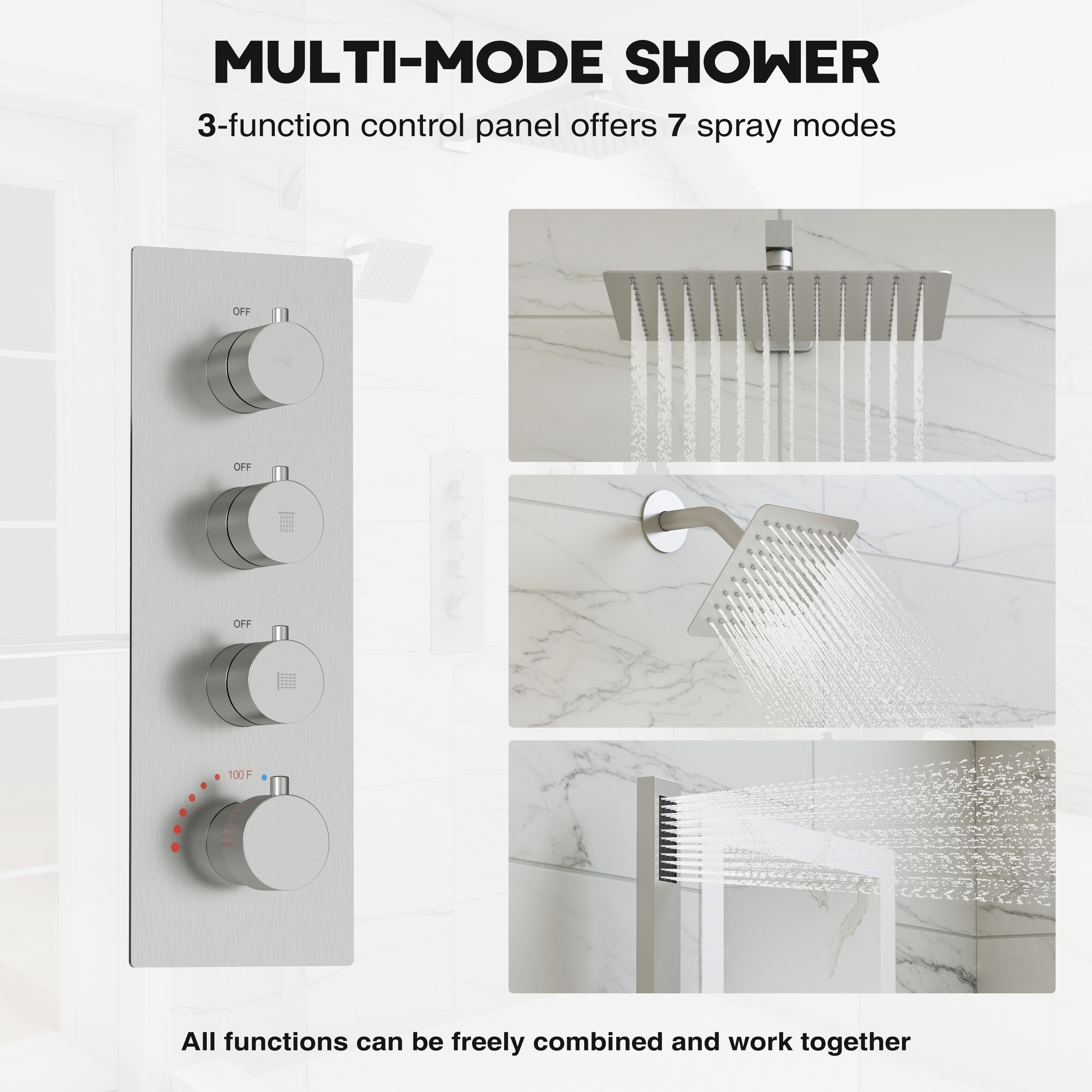 12-inch 3-Function Thermostatic Dual Shower System with Handheld