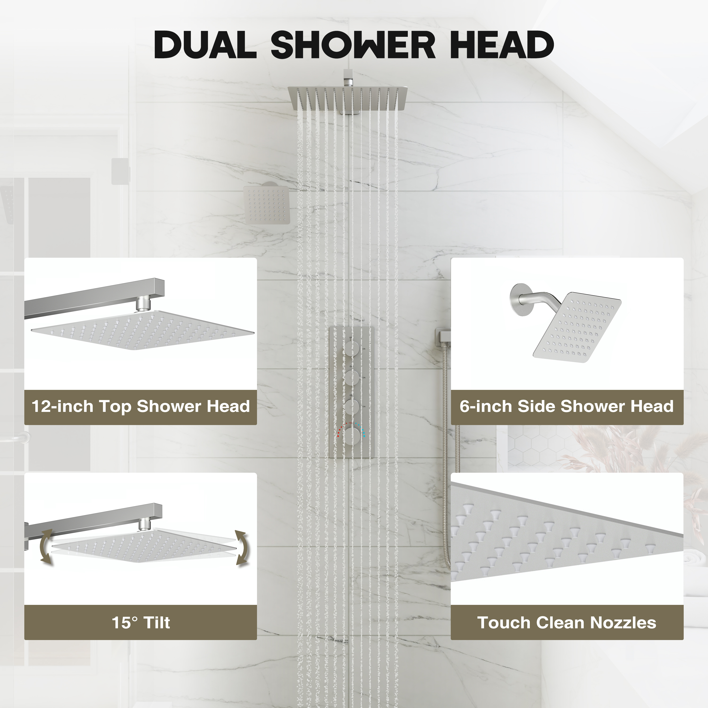 12-inch 3-Function Thermostatic Dual Shower System with Handheld