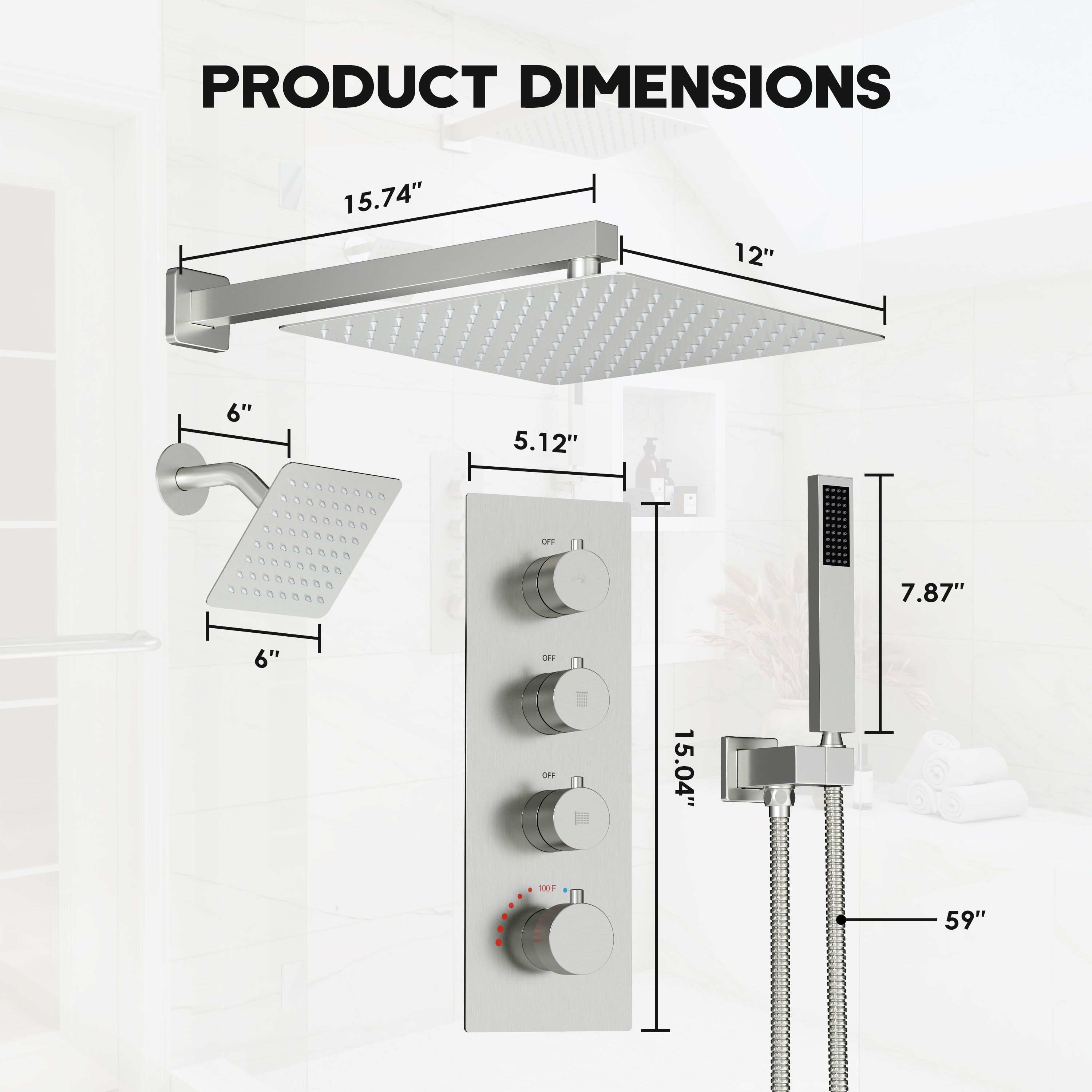 12-inch 3-Function Thermostatic Dual Shower System with Handheld