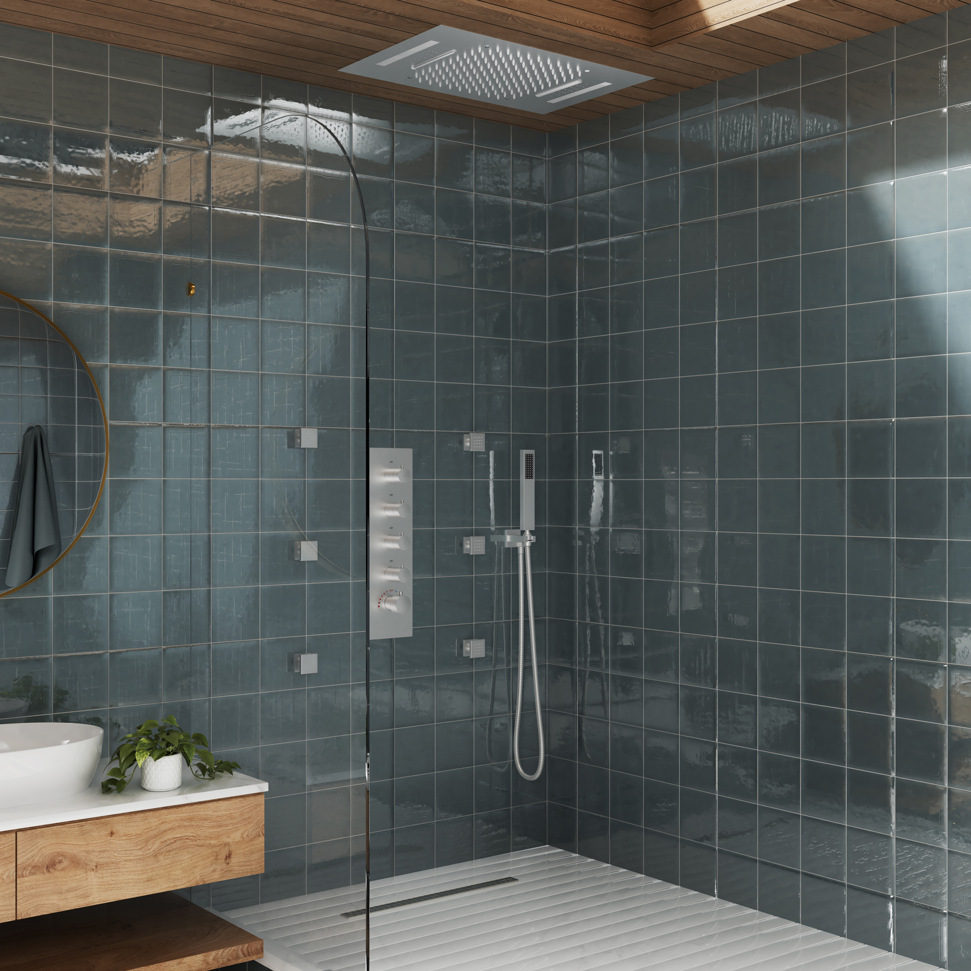 Deluxe 4-Function Thermostatic Shower System with LED Lighting & Bluetooth Music 