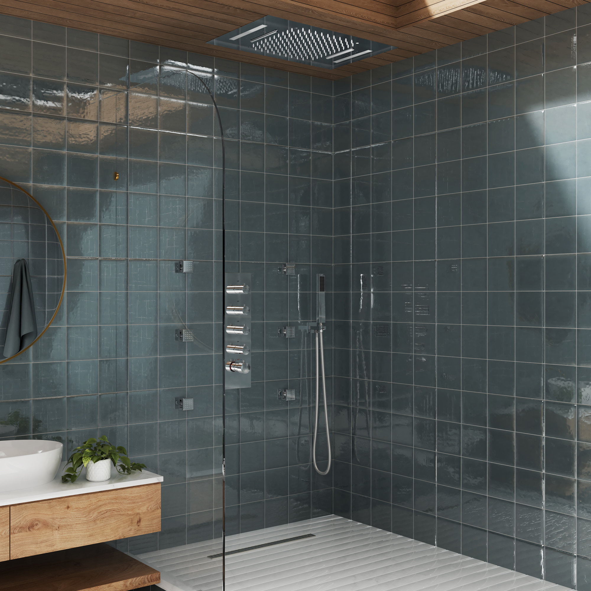 Deluxe 4-Function Thermostatic Shower System with LED Lighting & Bluetooth Music 