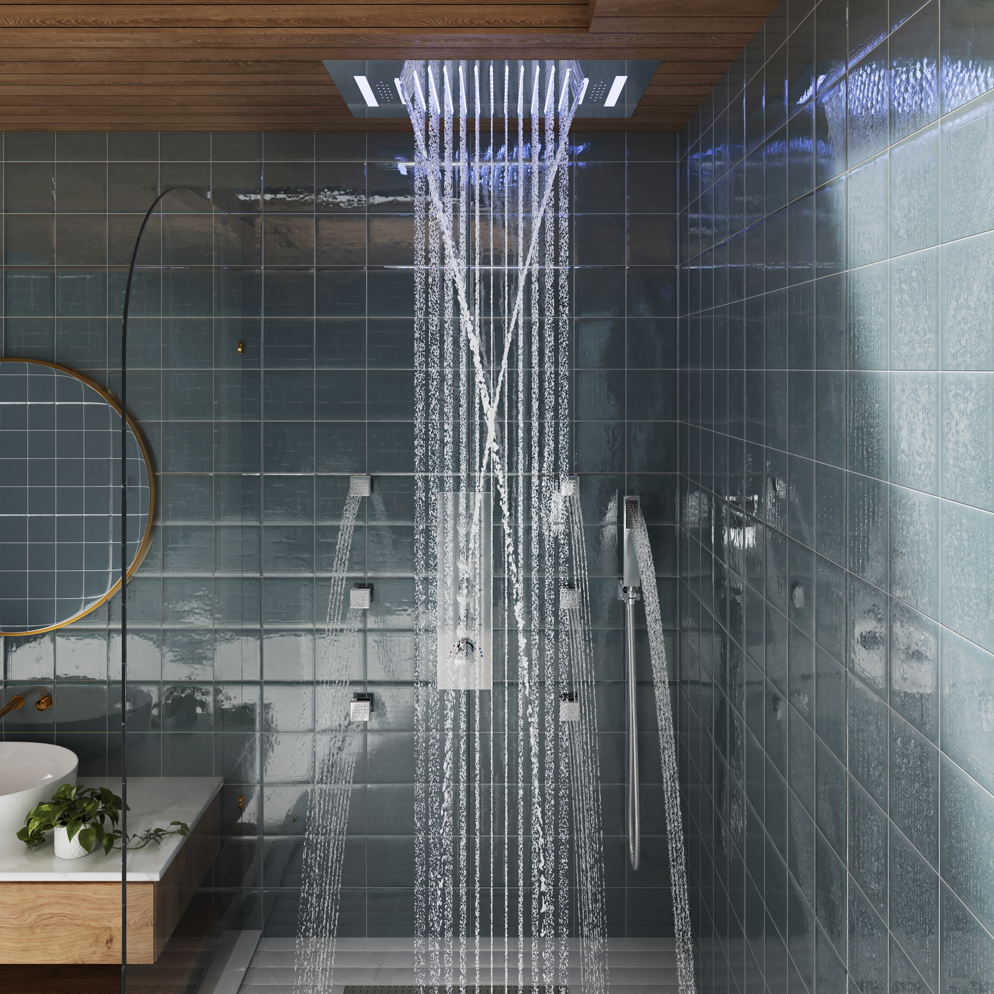 Deluxe 4-Function Thermostatic Shower System with LED Lighting & Bluetooth Music 