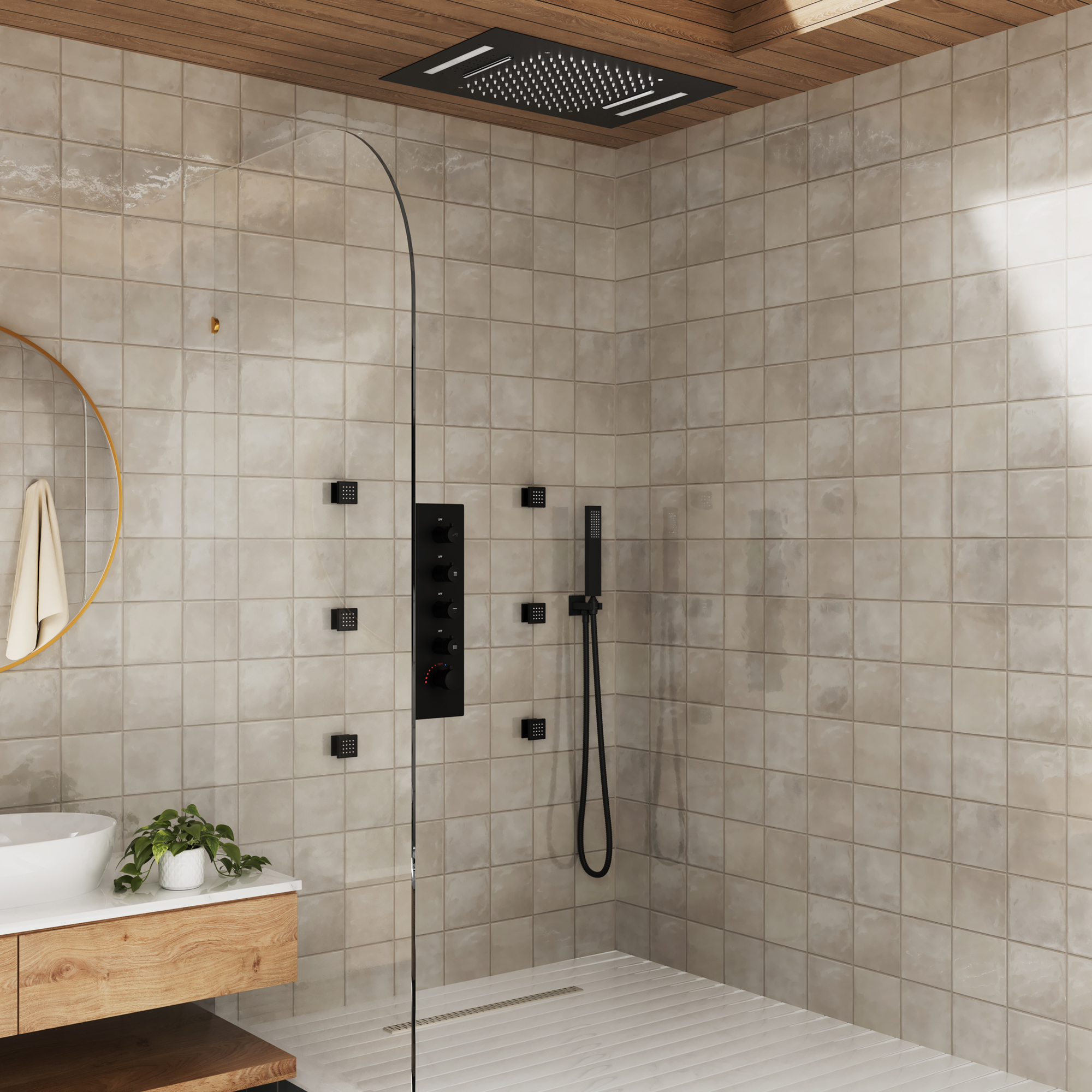 Deluxe 4-Function Thermostatic Shower System with LED Lighting & Bluetooth Music 
